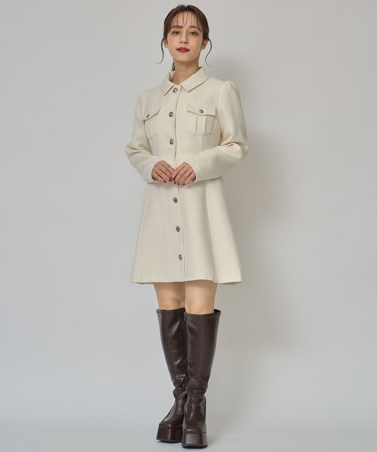 エンブレムボタンツイードシャツミニワンピース