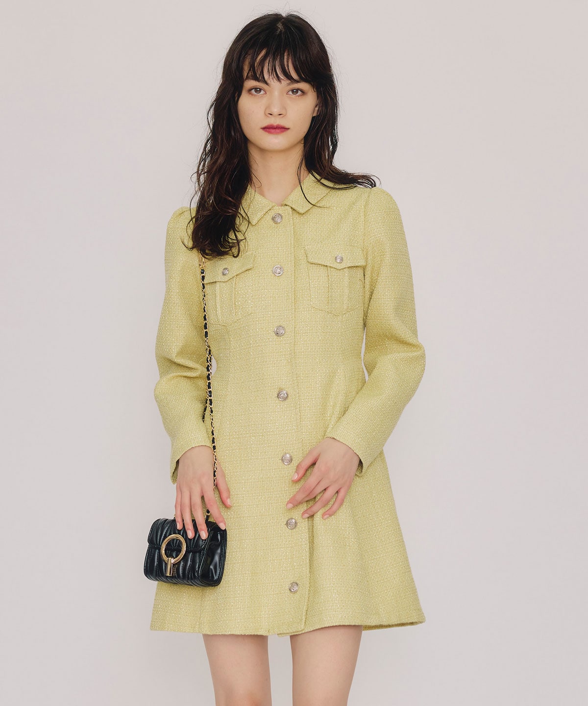 エンブレムボタンツイードシャツミニワンピース