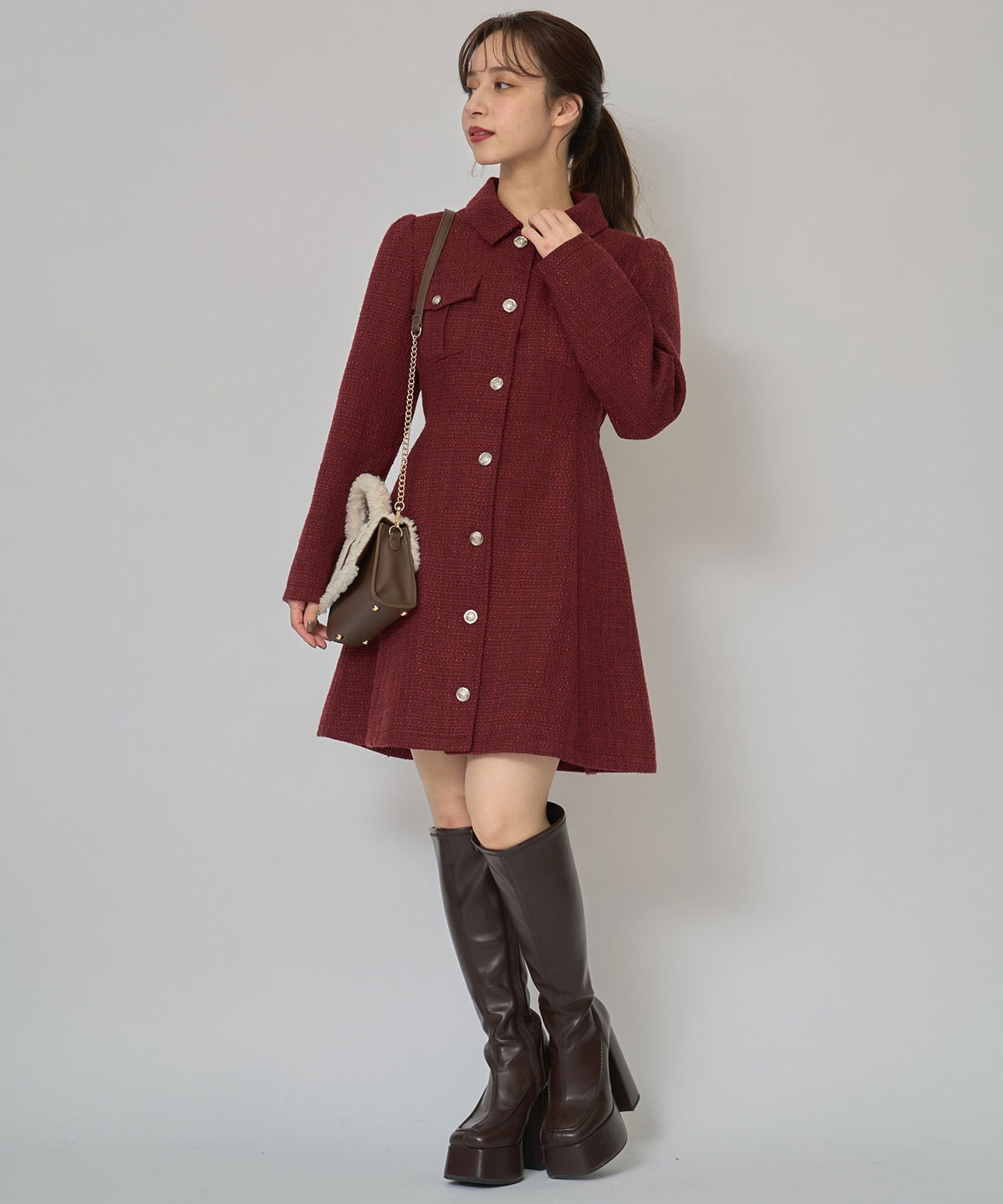 エンブレムボタンツイードシャツミニワンピース