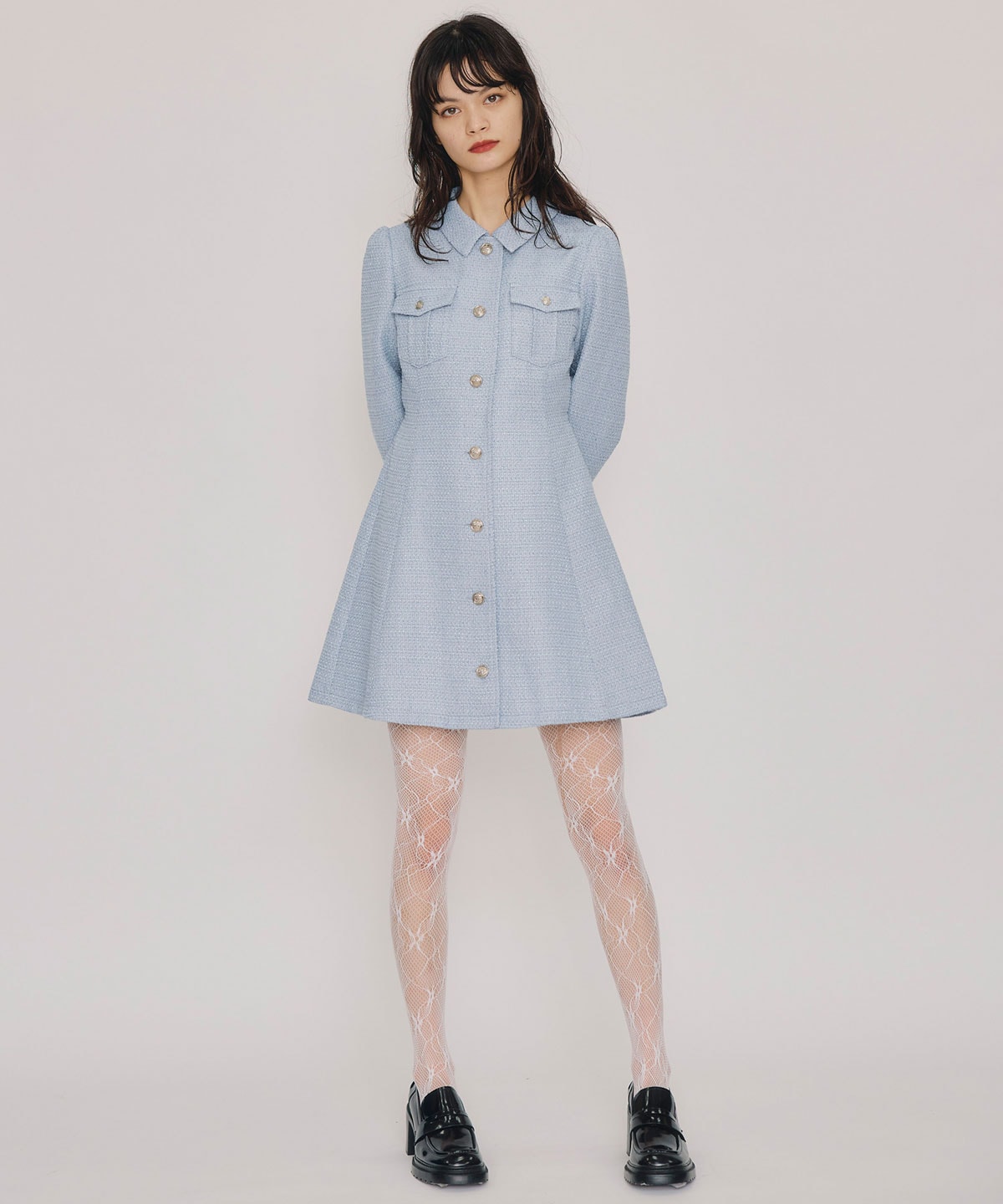 エンブレムボタンツイードシャツミニワンピース