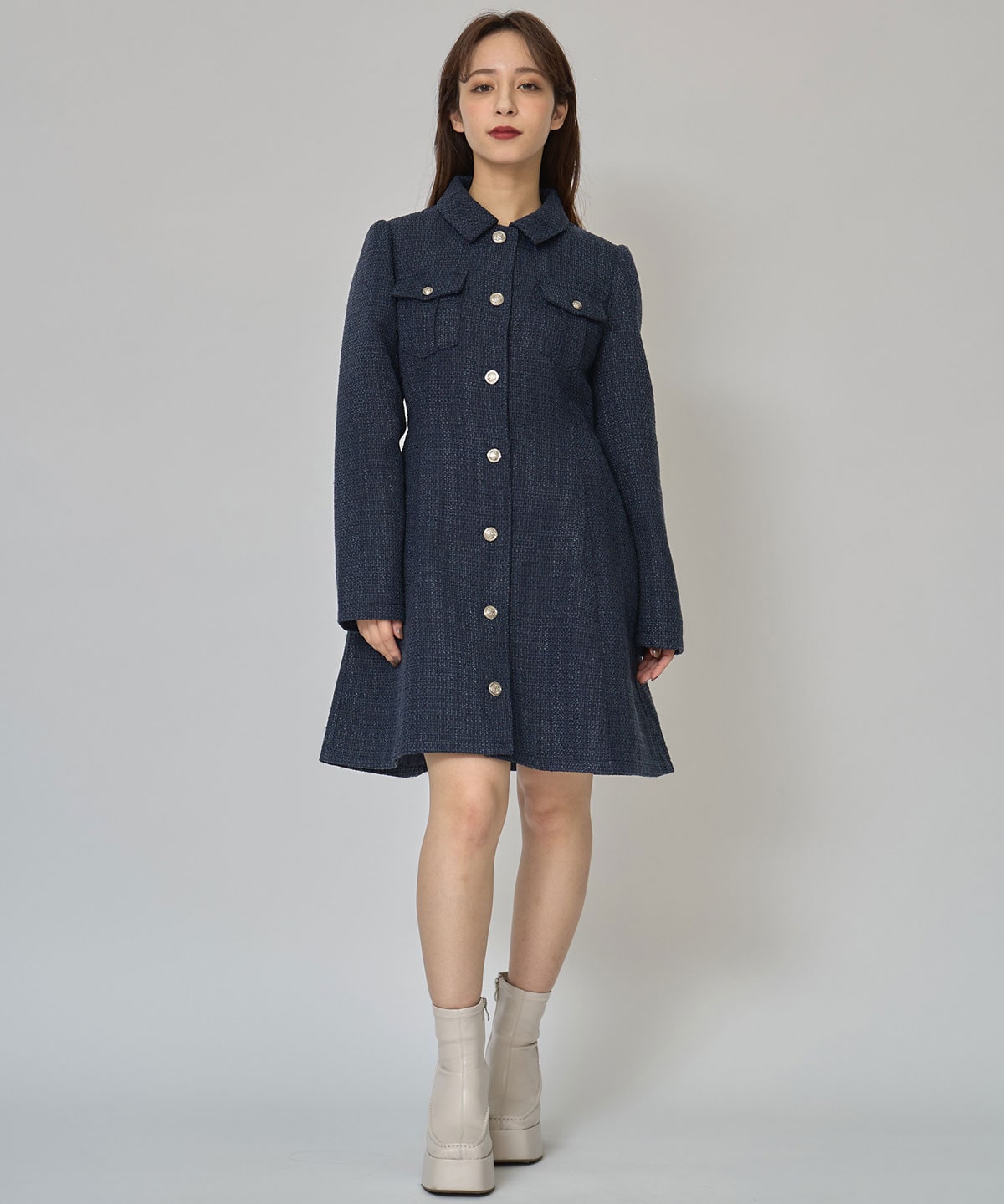 エンブレムボタンツイードシャツミニワンピース