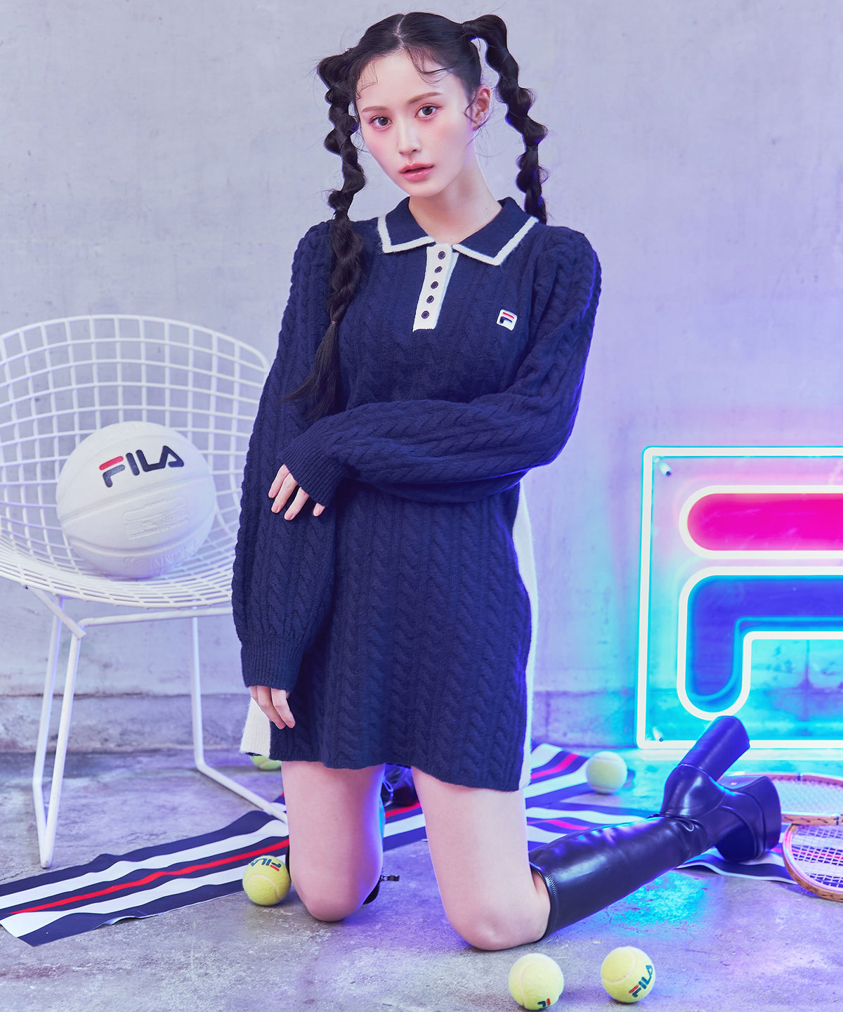 ［FILA×REDYAZEL］ケーブルニットポロミニワンピース
