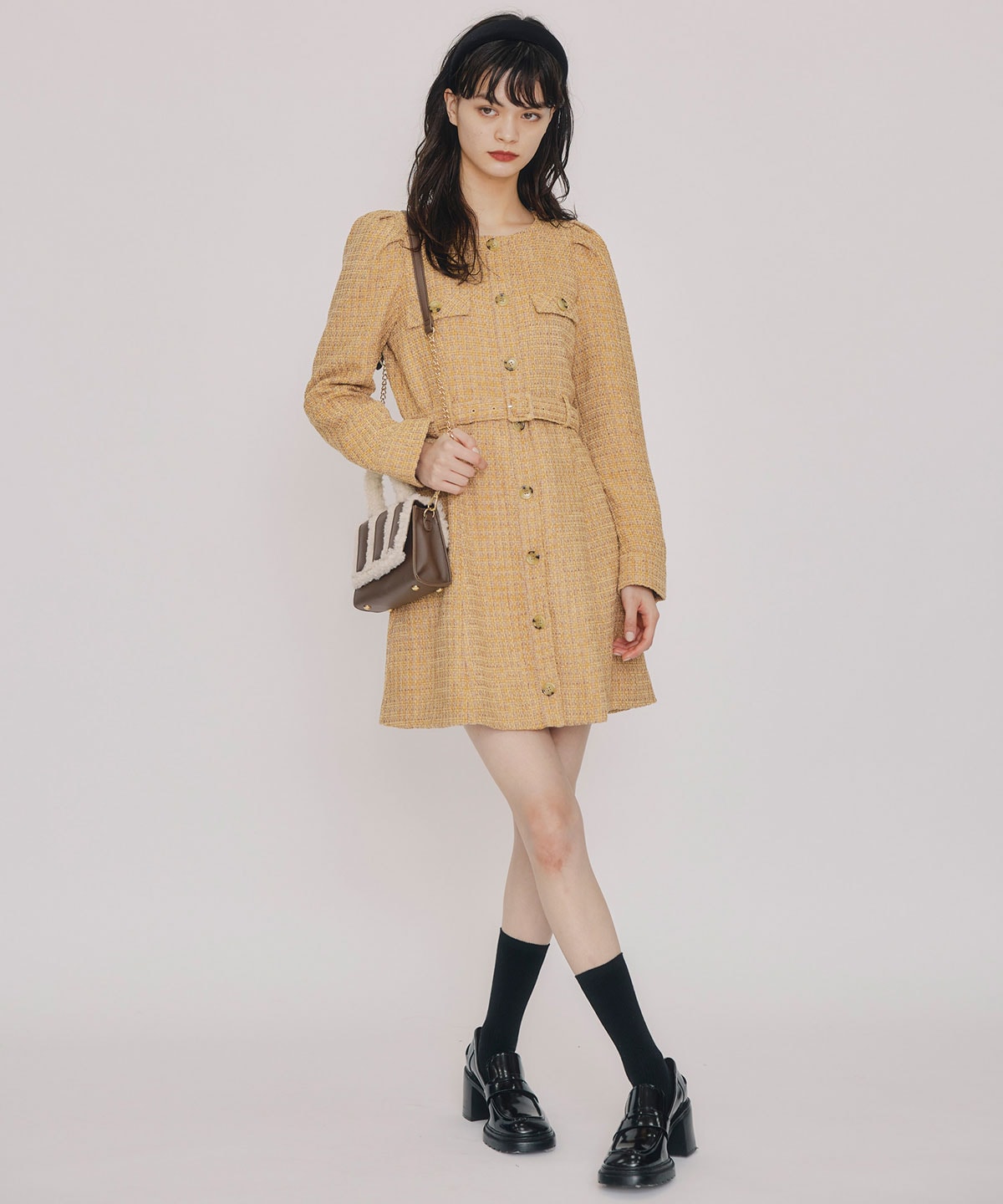 MIXツイードパフスリーブミニワンピース