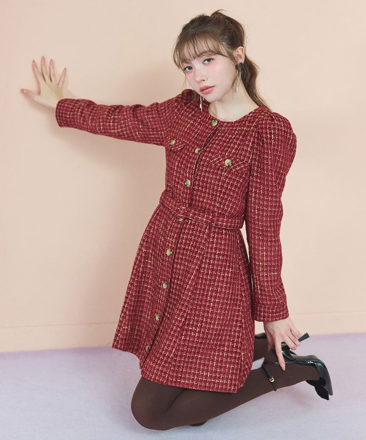 MIXツイードパフスリーブミニワンピース