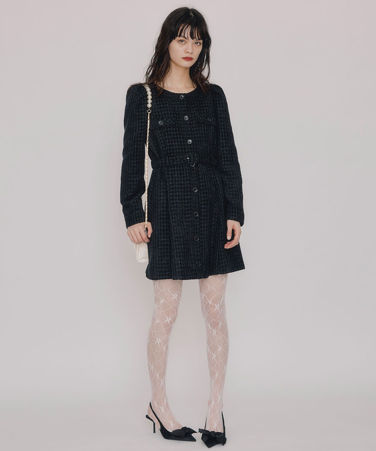 MIXツイードパフスリーブミニワンピース