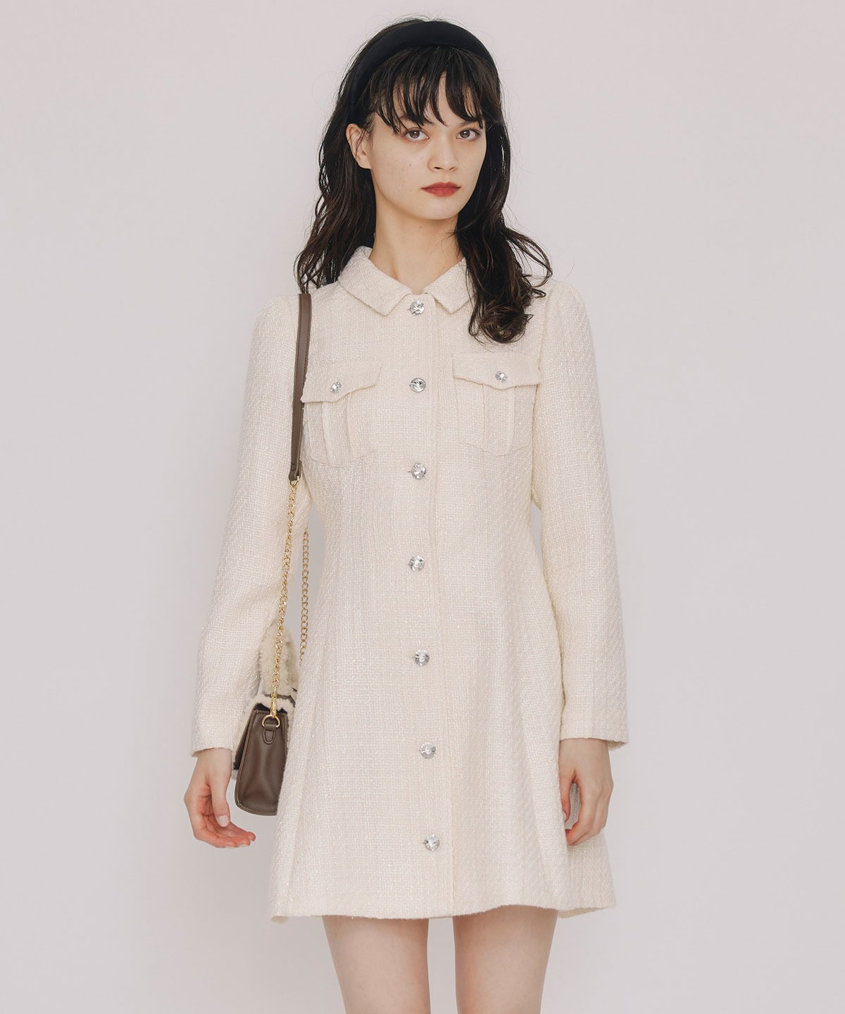 ビジューボタンファンシーツイードシャツミニワンピース