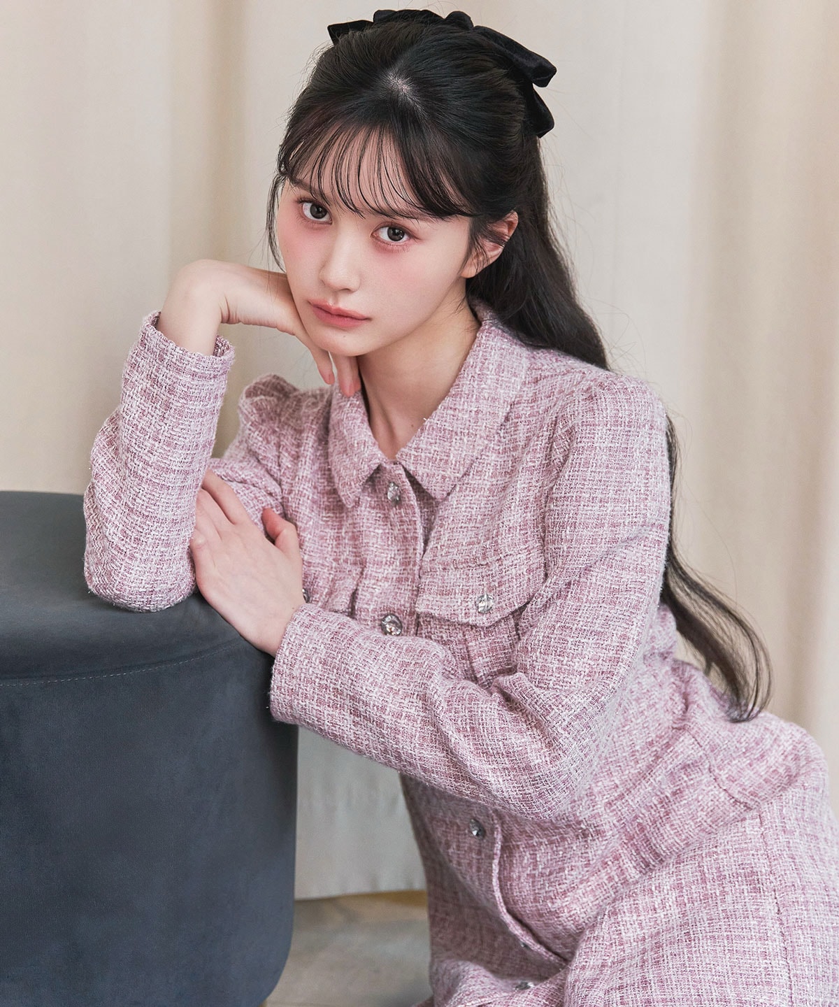 ビジューボタンファンシーツイードシャツミニワンピース