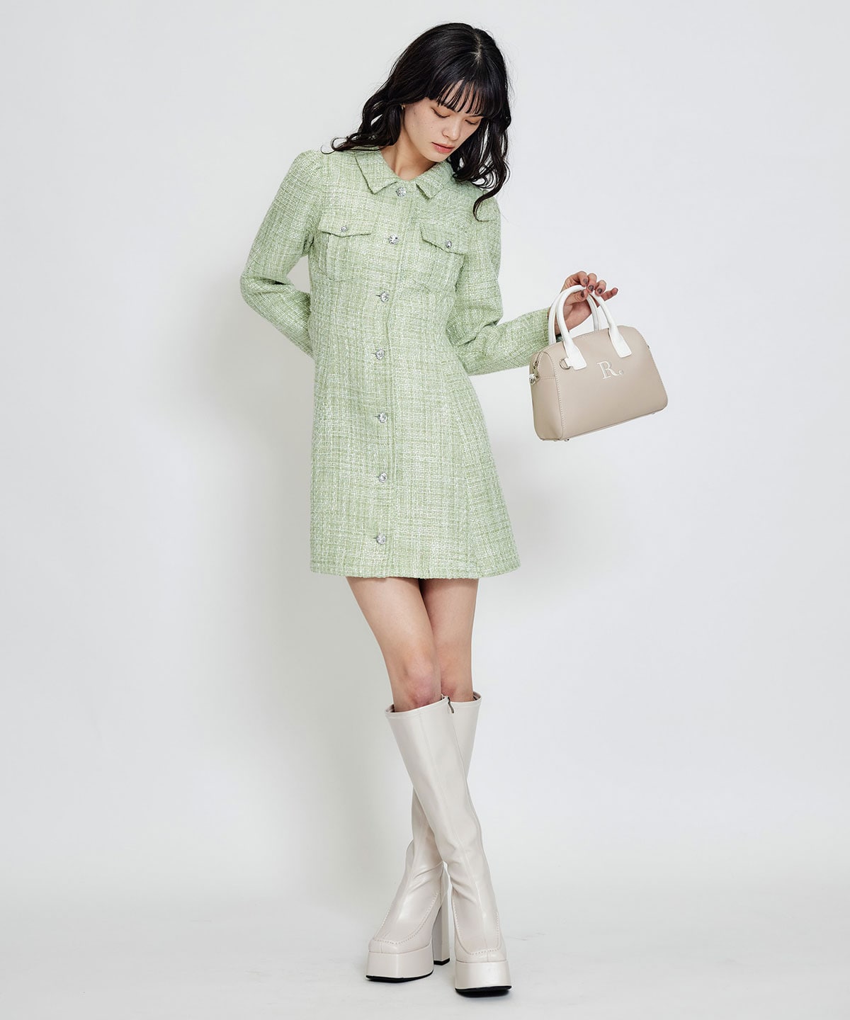 ビジューボタンファンシーツイードシャツミニワンピース