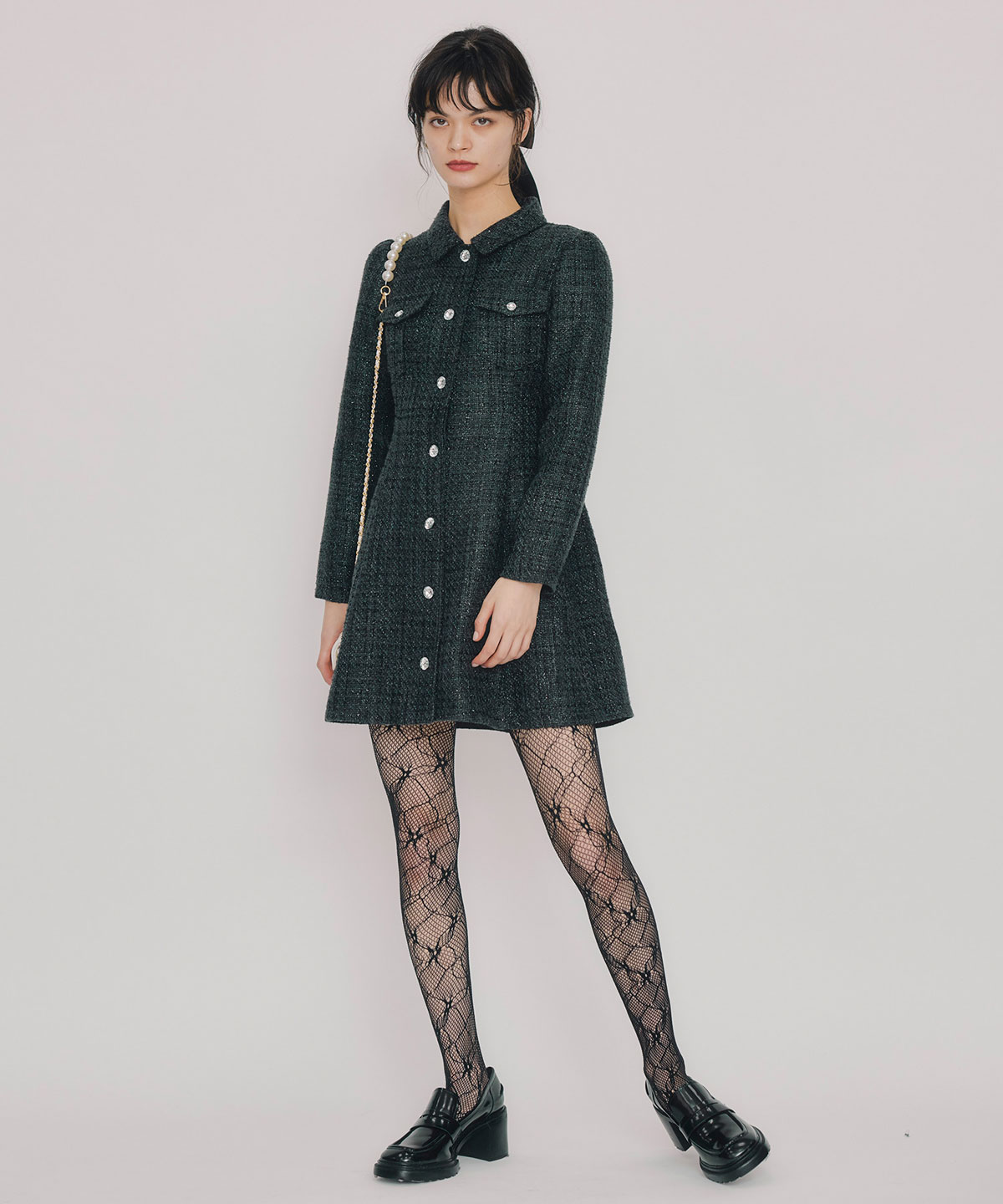 ビジューボタンファンシーツイードシャツミニワンピース