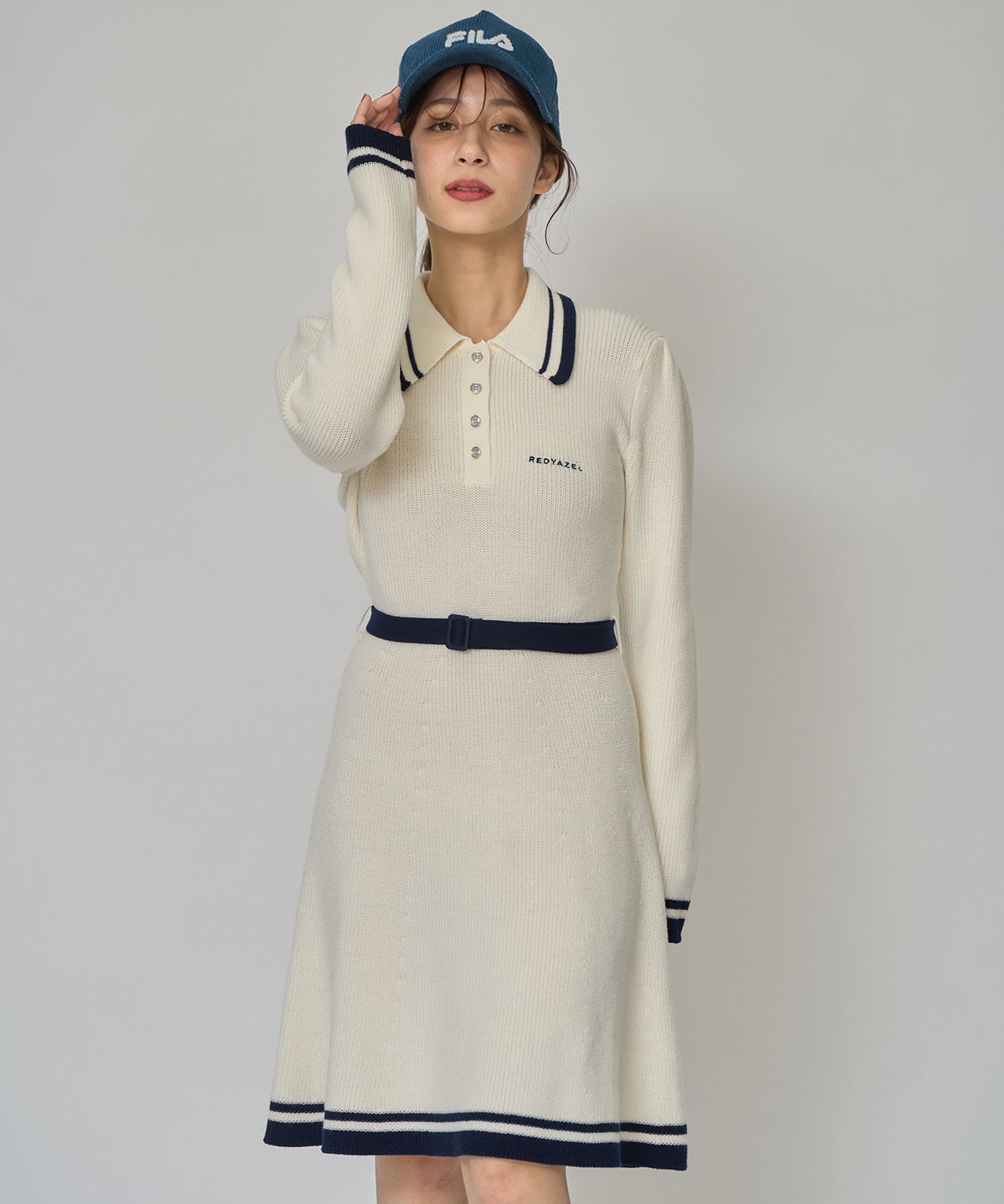 バイカラーポロニットロングスリーブミニワンピース