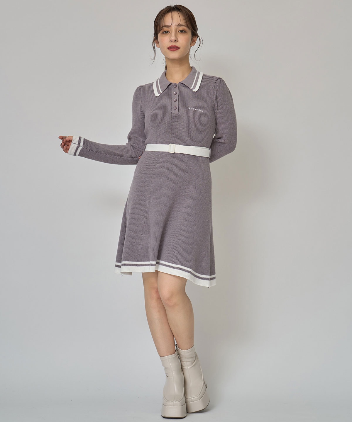 バイカラーポロニットロングスリーブミニワンピース