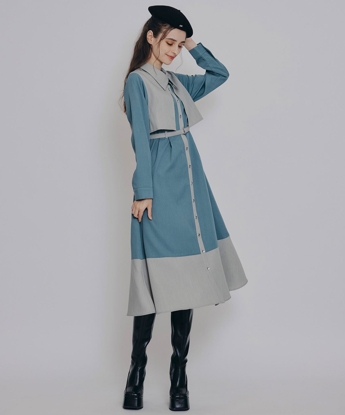 カラーブロッキングシャツロングフレアワンピース