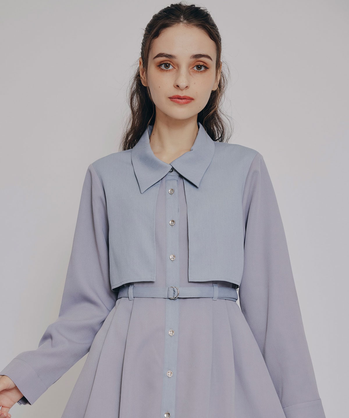 カラーブロッキングシャツロングフレアワンピース