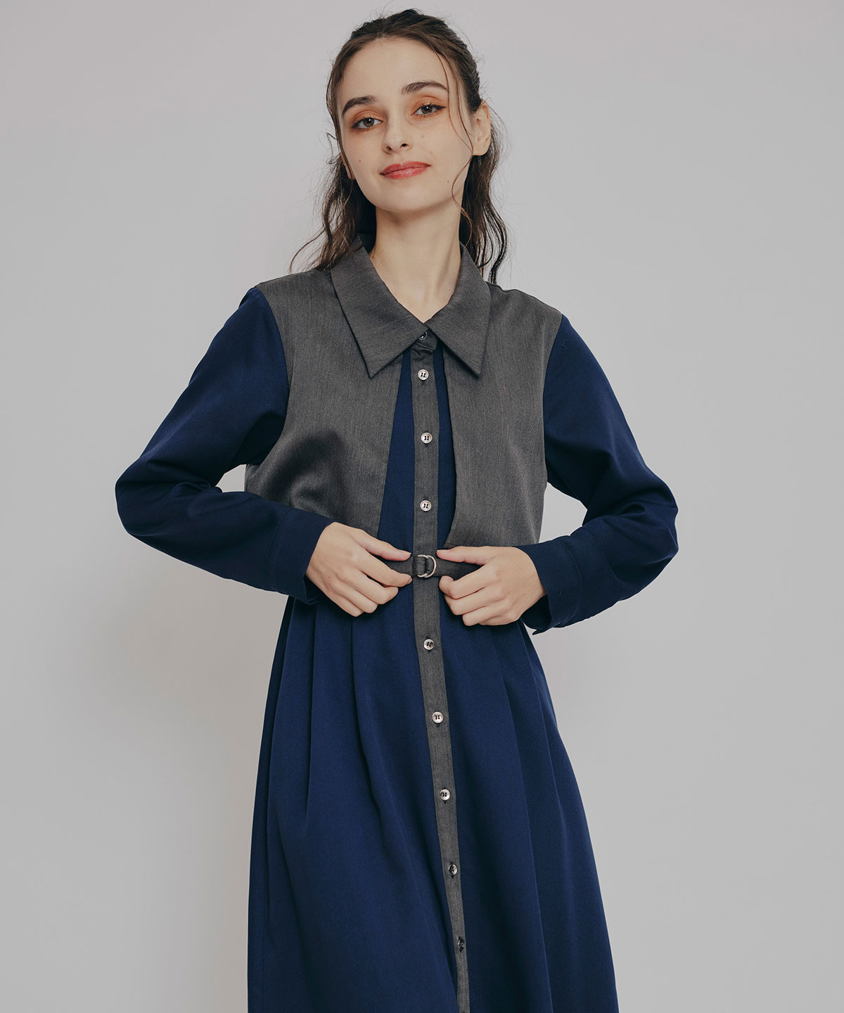 カラーブロッキングシャツロングフレアワンピース