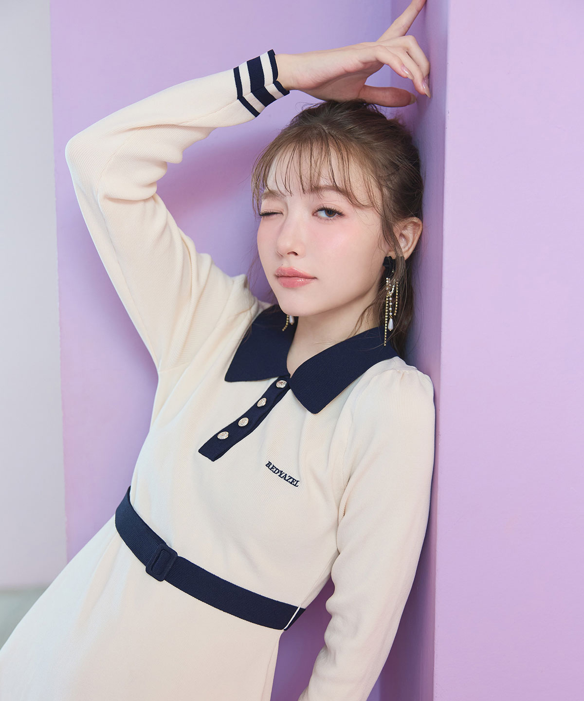 バイカラーポロニットミニワンピース