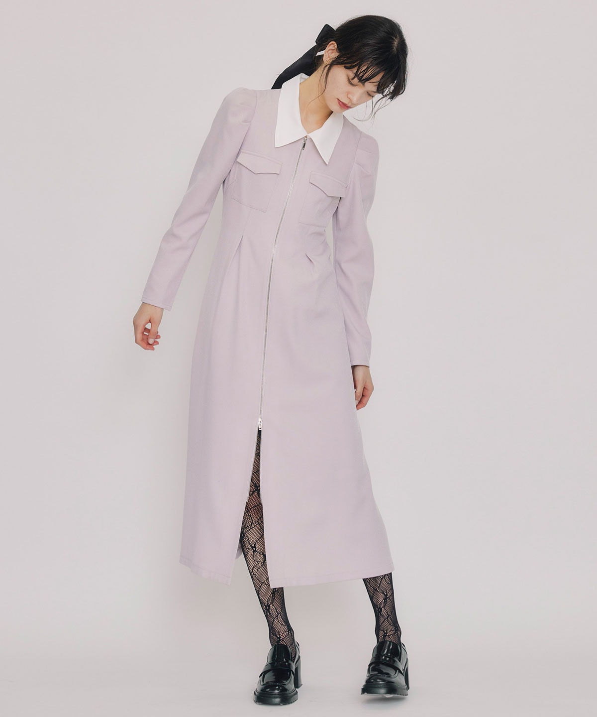 フロントZIPバイカラーロングワンピース