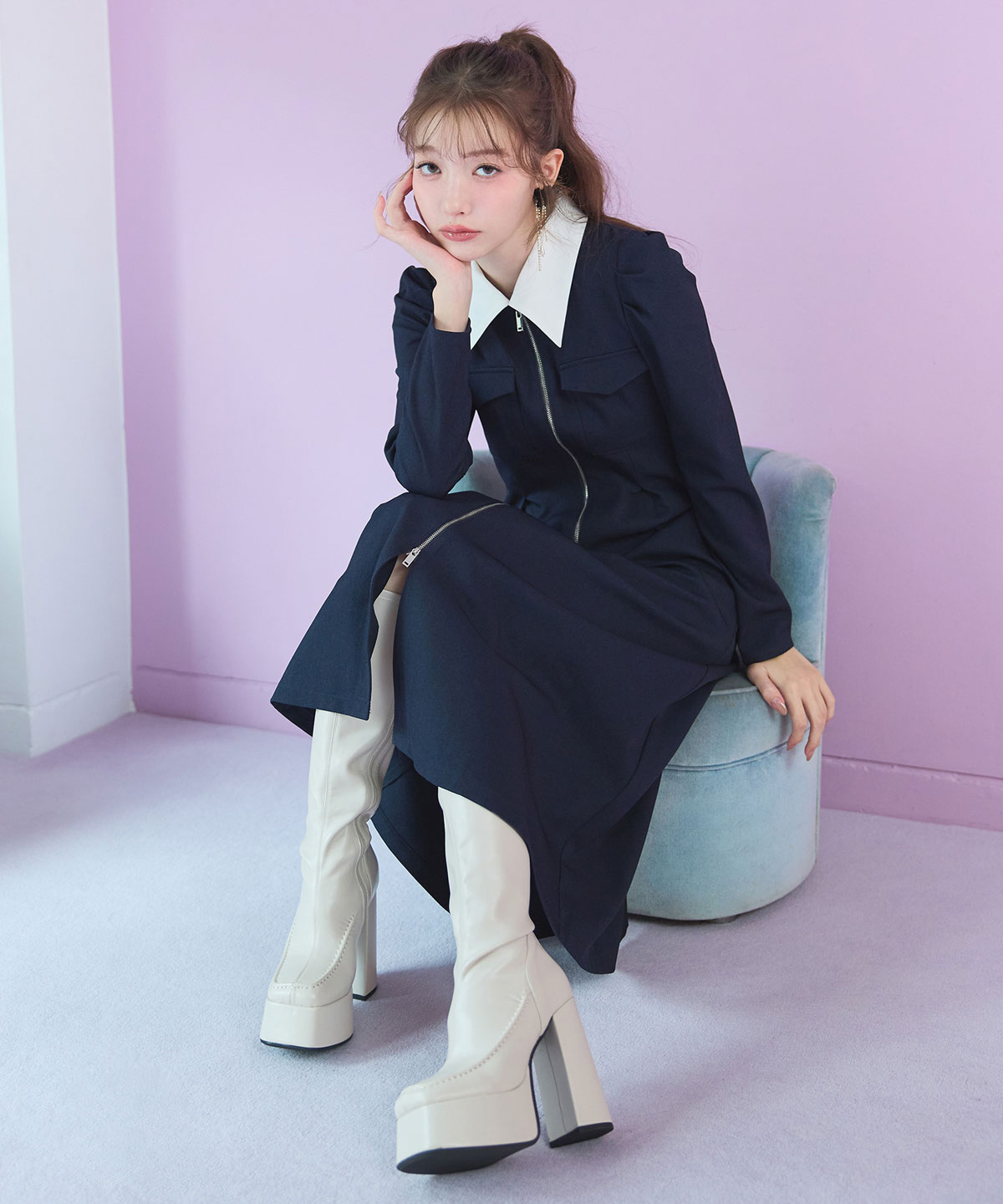 フロントZIPバイカラーロングワンピース