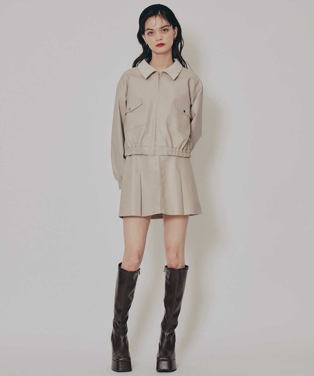 【セットアップ可能】フェイクレザージップブルゾン