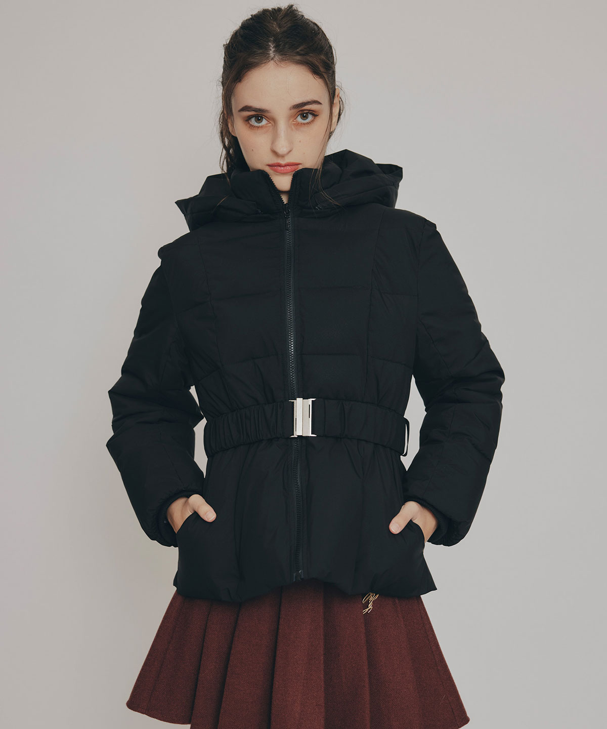 ベルトデザインキルティングファイバーダウンジャケット