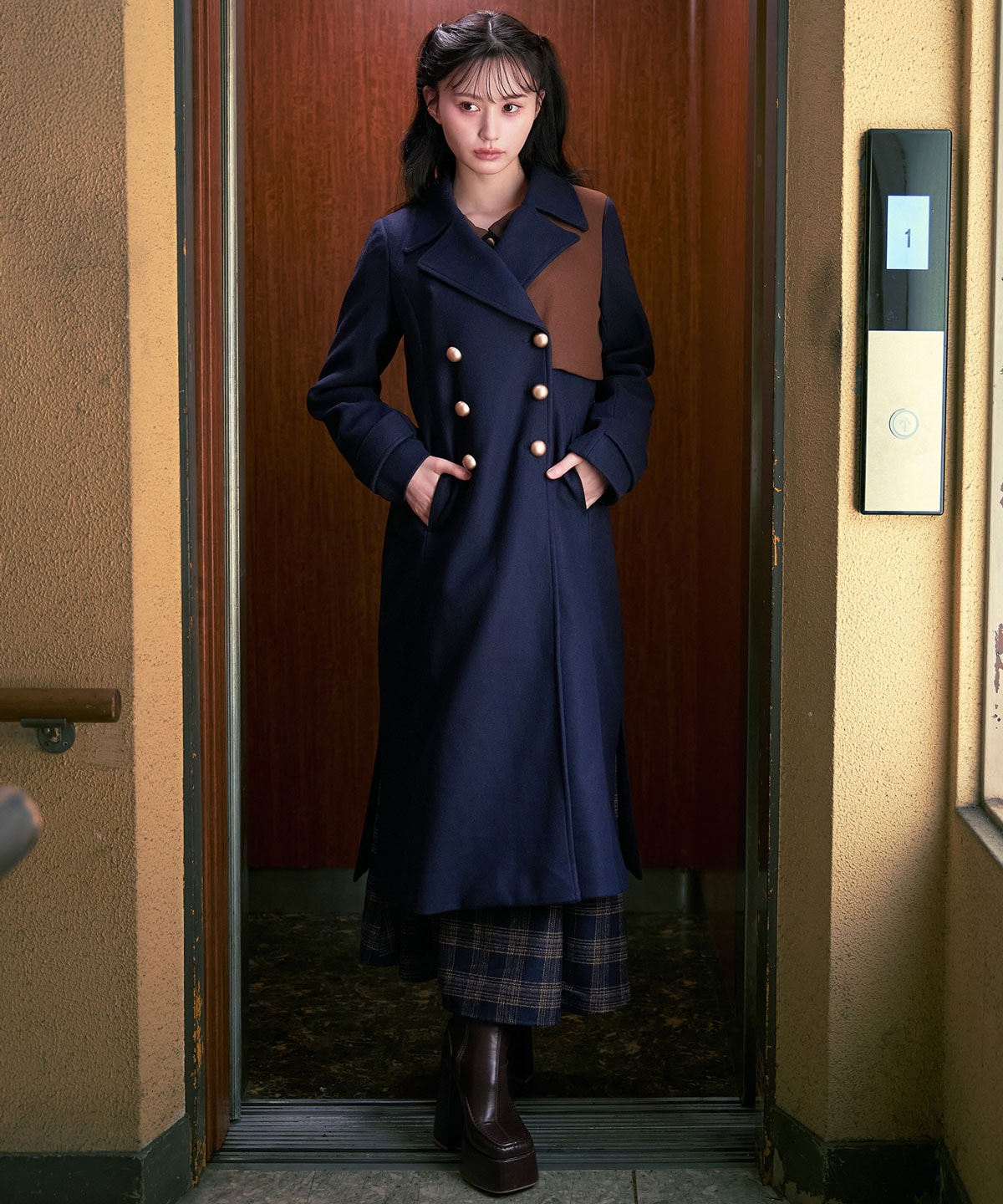 バイカラースリムチェスターコート