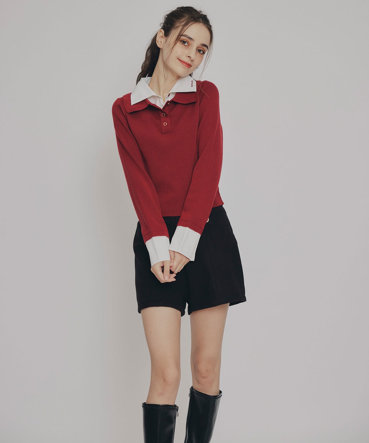 ダブルカラーポロニットトップス