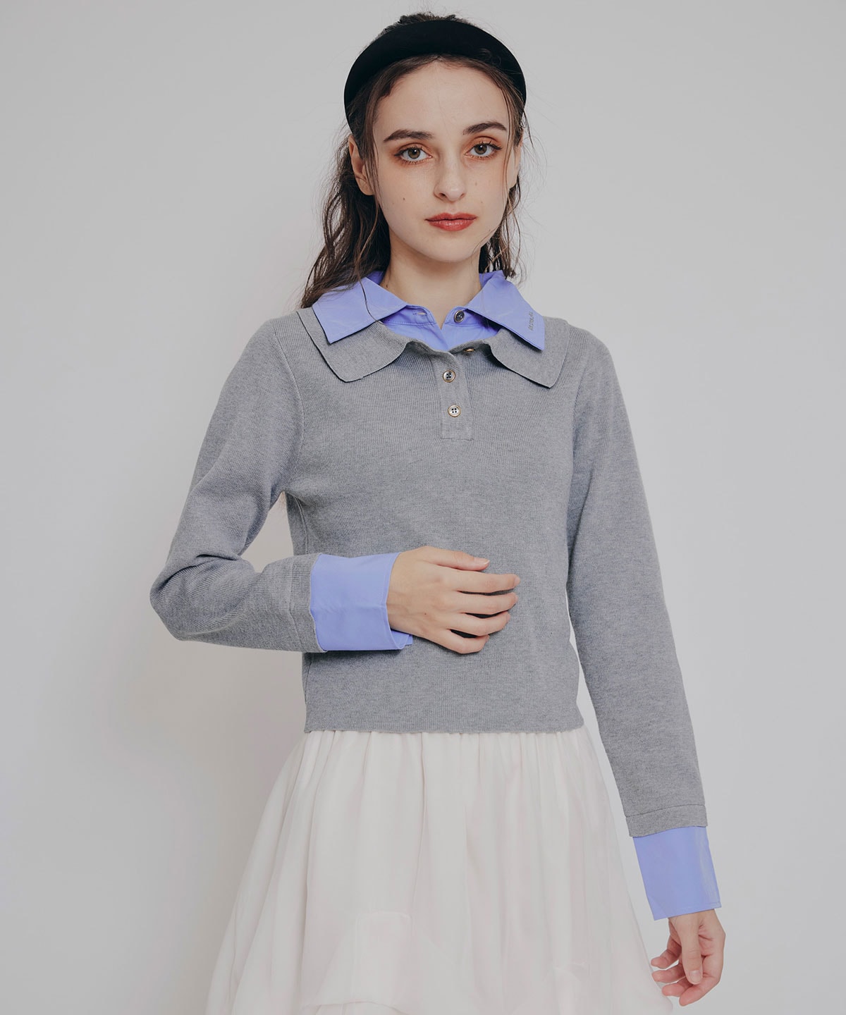 ダブルカラーポロニットトップス