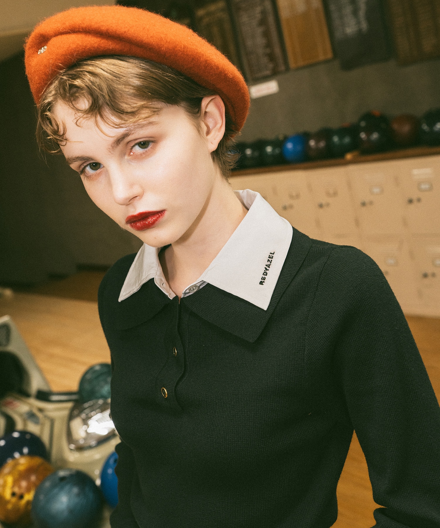 ダブルカラーポロニットトップス