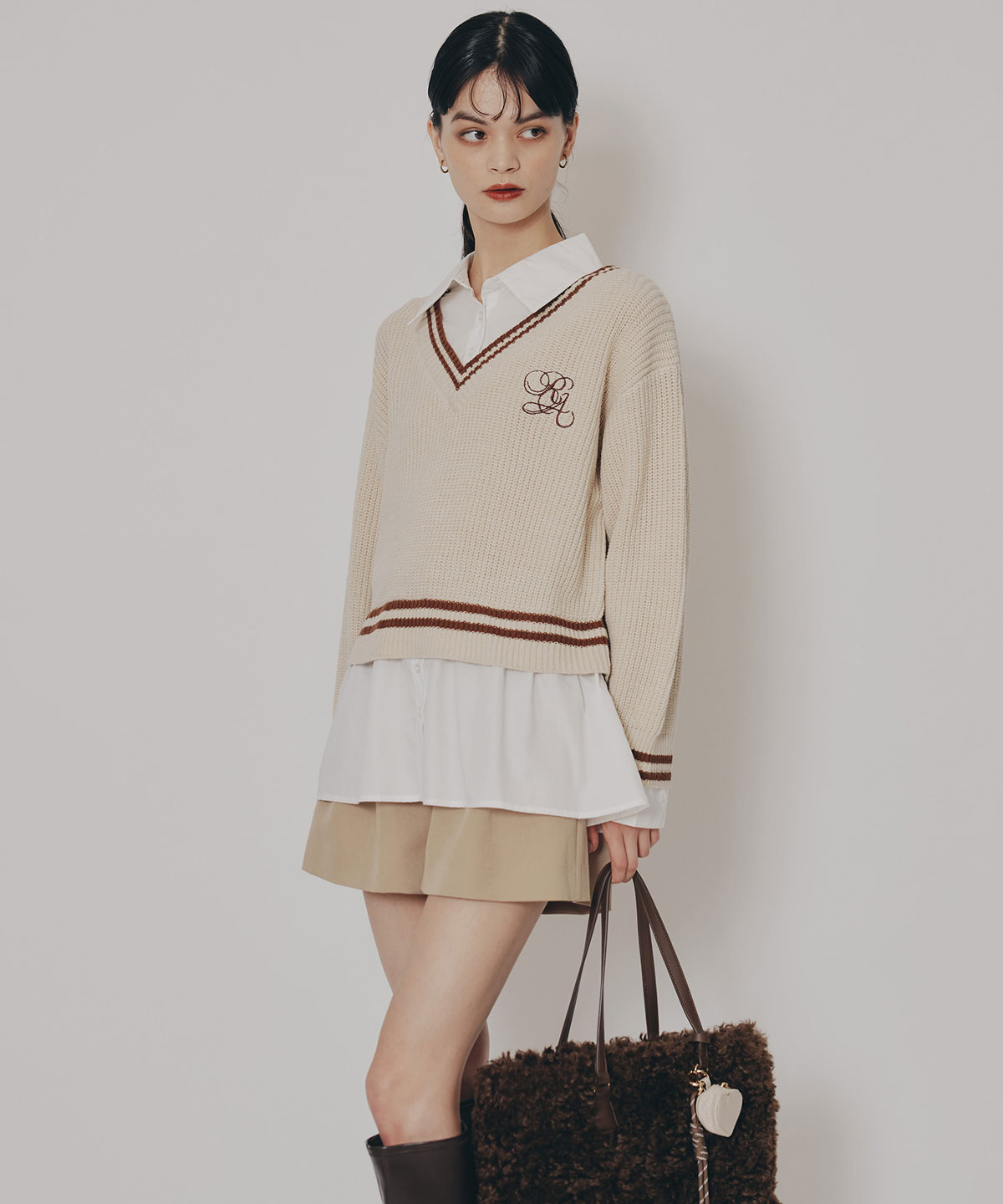 レイヤードシャツドッキングニットプルオーバー