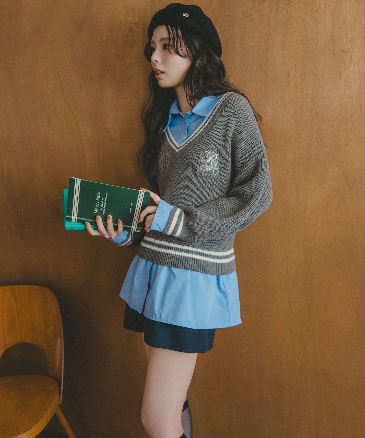 レイヤードシャツドッキングニットプルオーバー