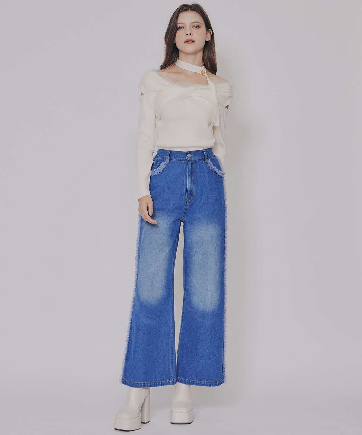 チョーカークロスチュールニットトップス