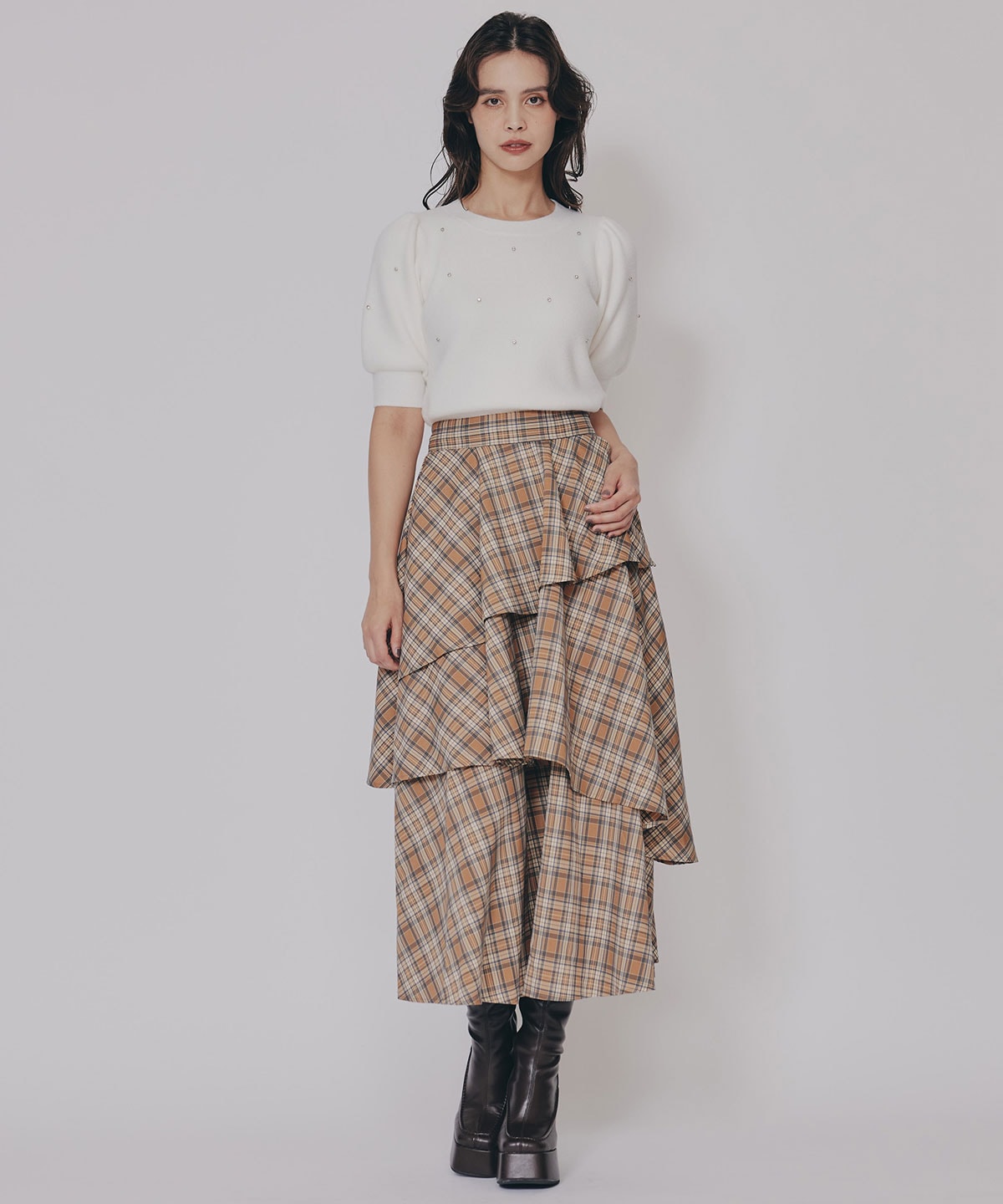 ビジューパフスリーブニットトップス