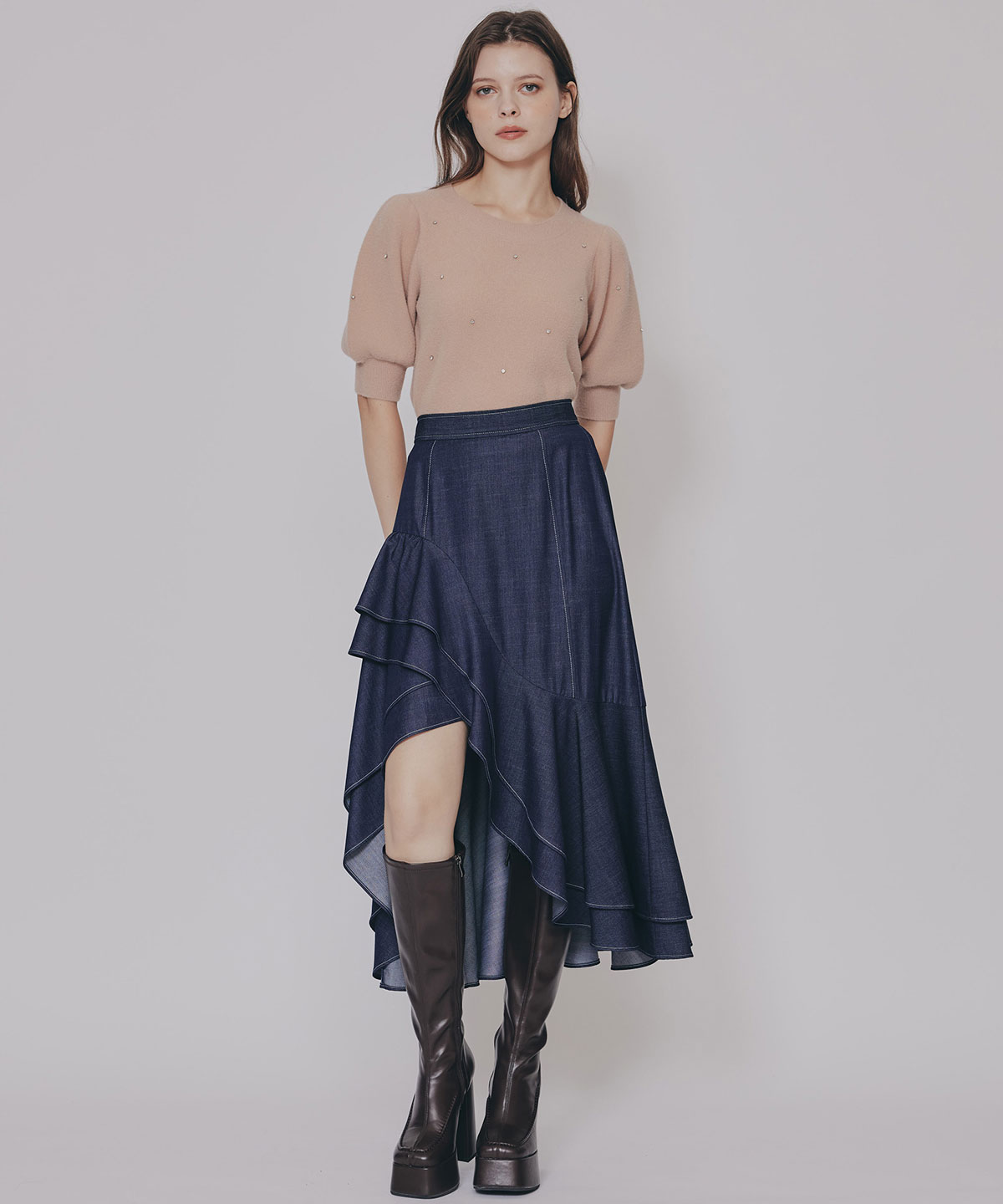 ビジューパフスリーブニットトップス