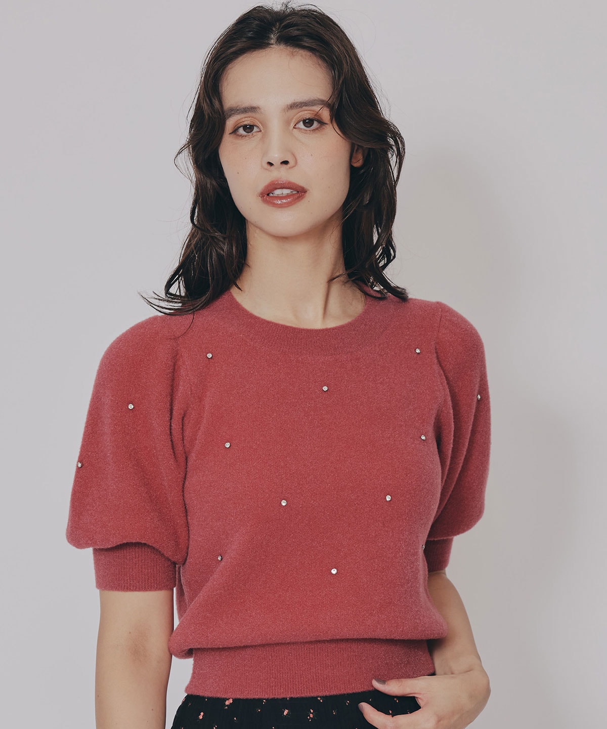 ビジューパフスリーブニットトップス