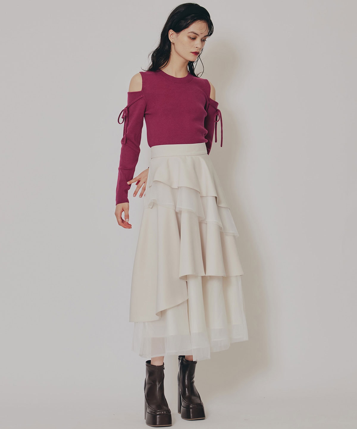 リボンオフショルダーニットトップス