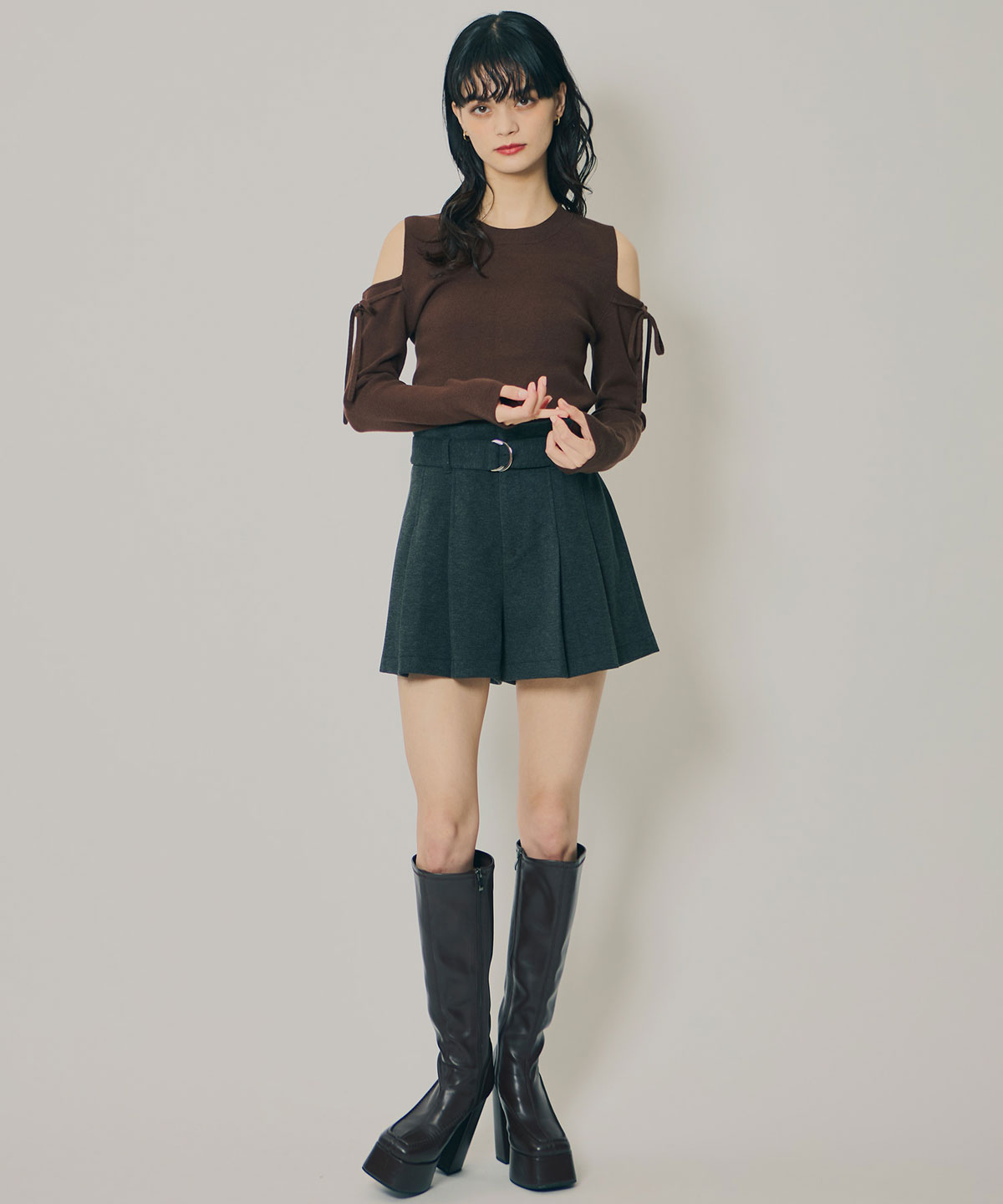 リボンオフショルダーニットトップス