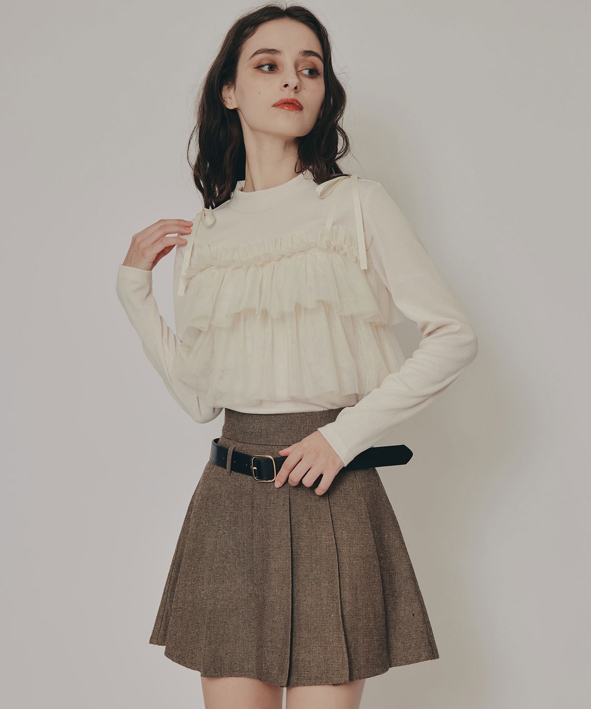 リボンチュールフリルビスチェニットトップス
