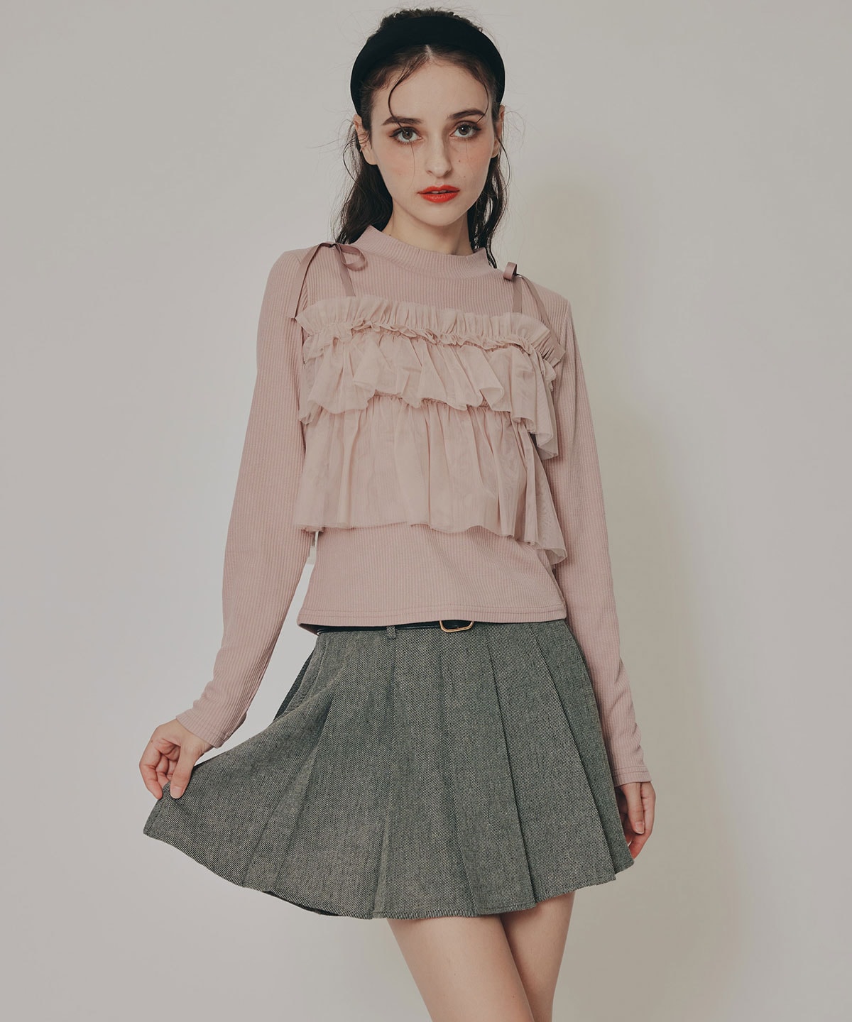 リボンチュールフリルビスチェニットトップス