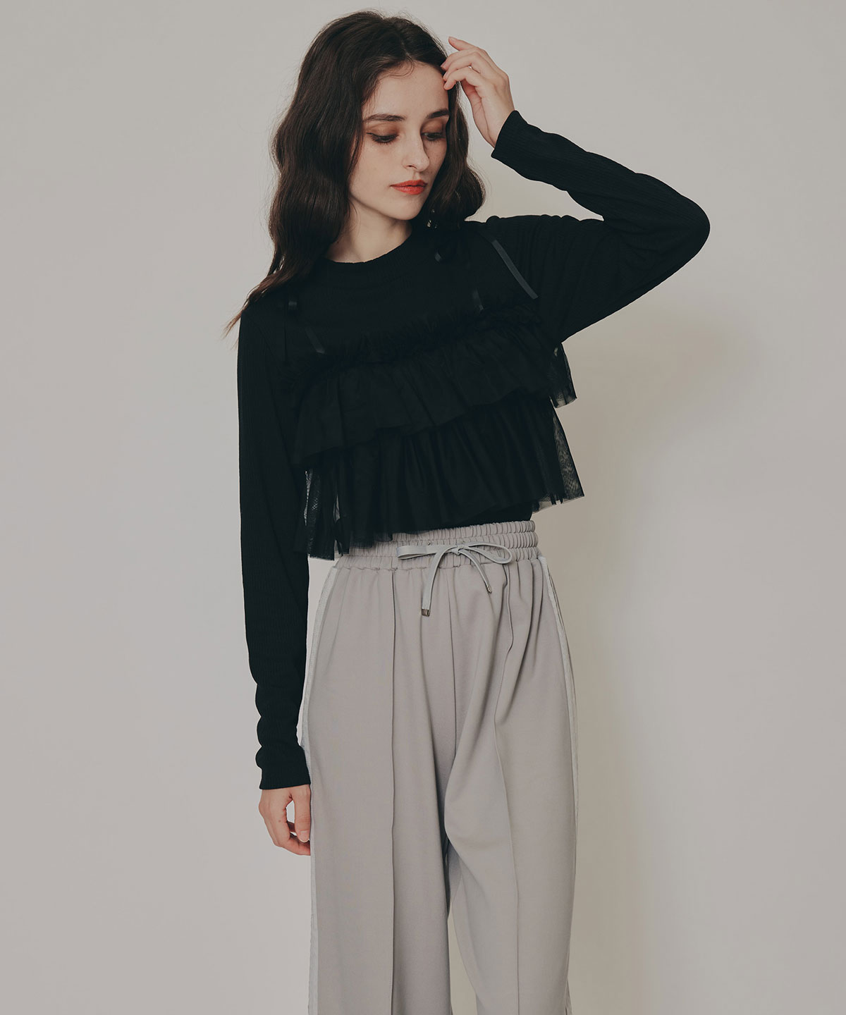 リボンチュールフリルビスチェニットトップス