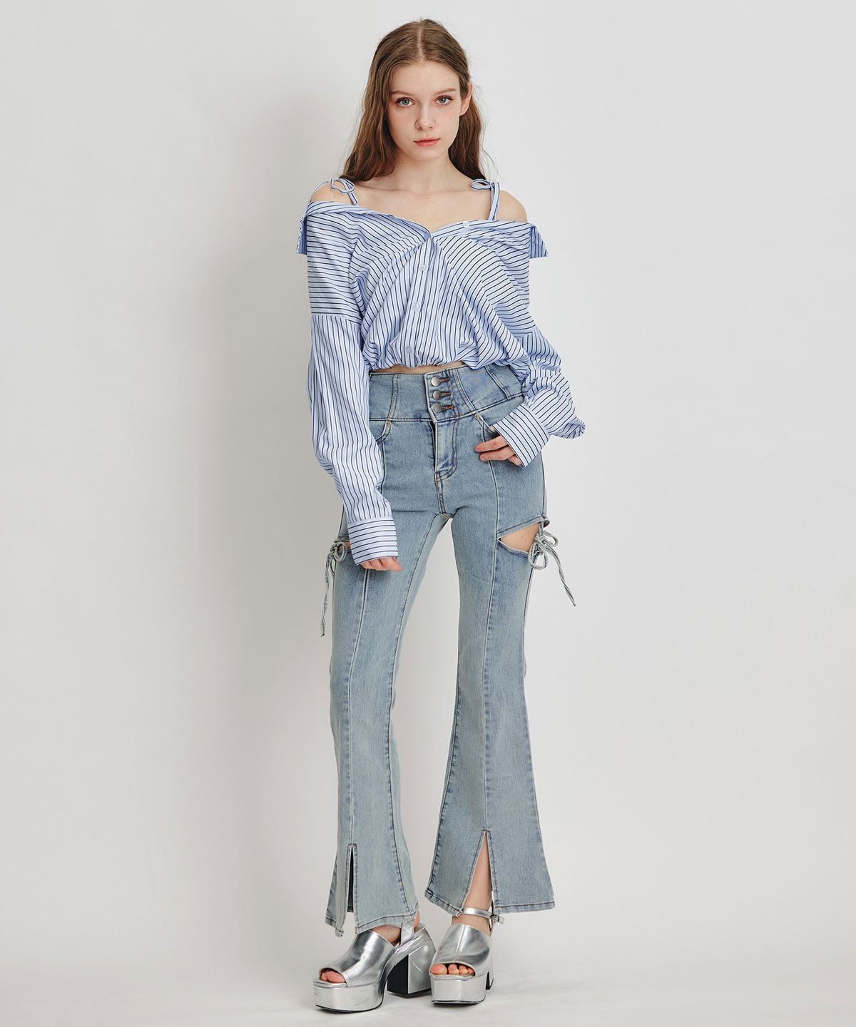 ベアレイヤードストライプバルーンオフショルブラウス