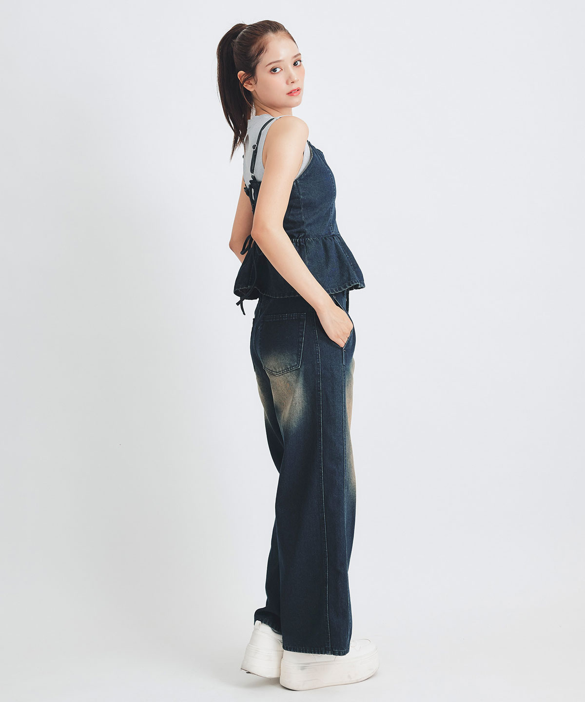 【Vintage Denim Series】ヴィンテージウォッシュバックレースアップデニムビスチェ