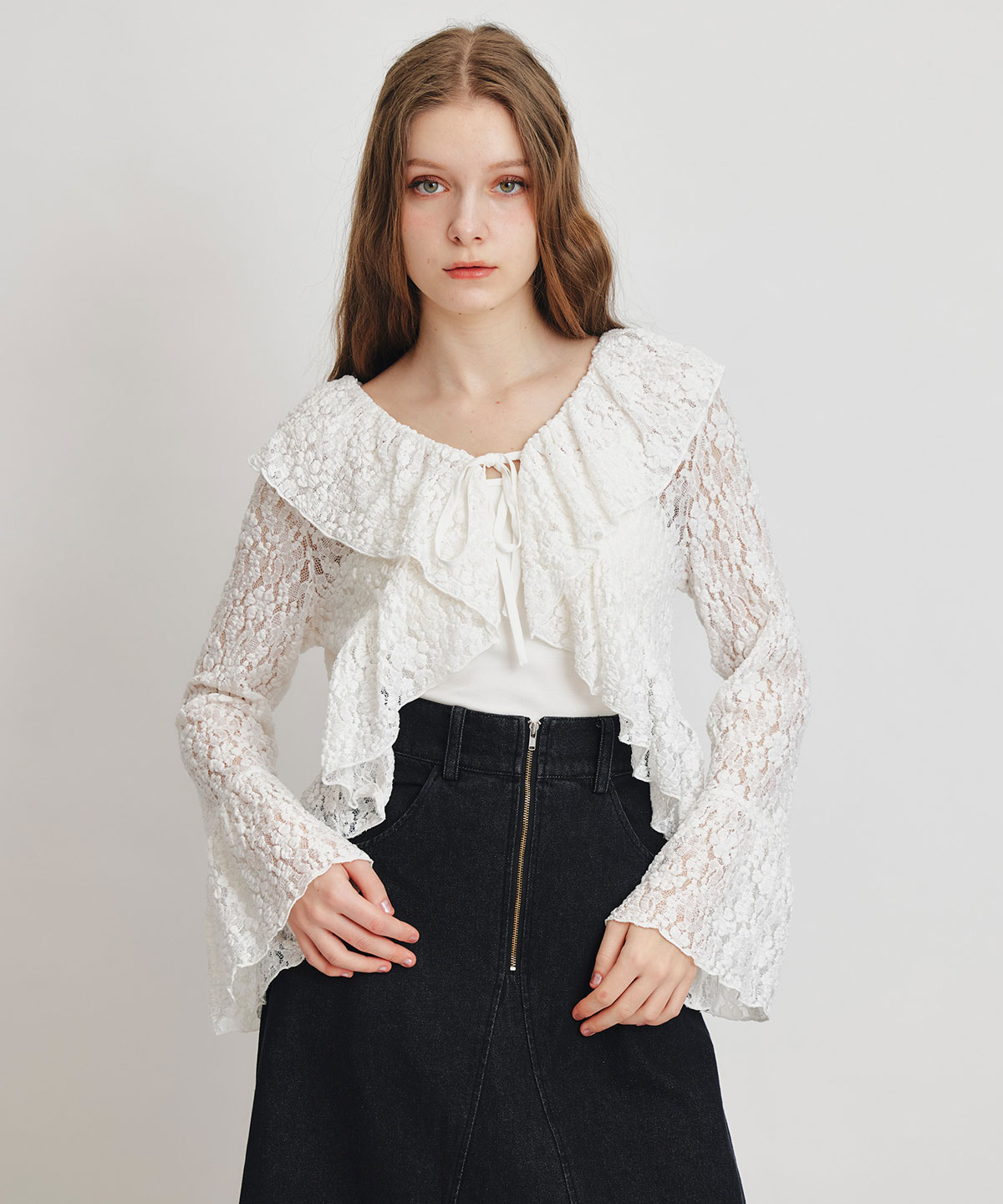 レースフリルカラーショートカーディガン