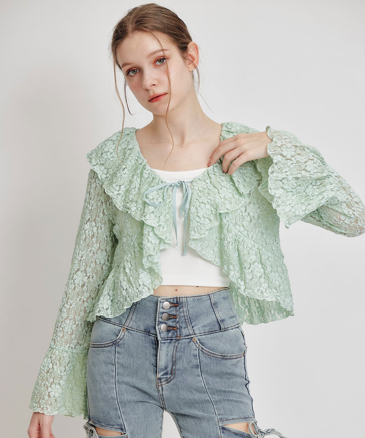 レースフリルカラーショートカーディガン