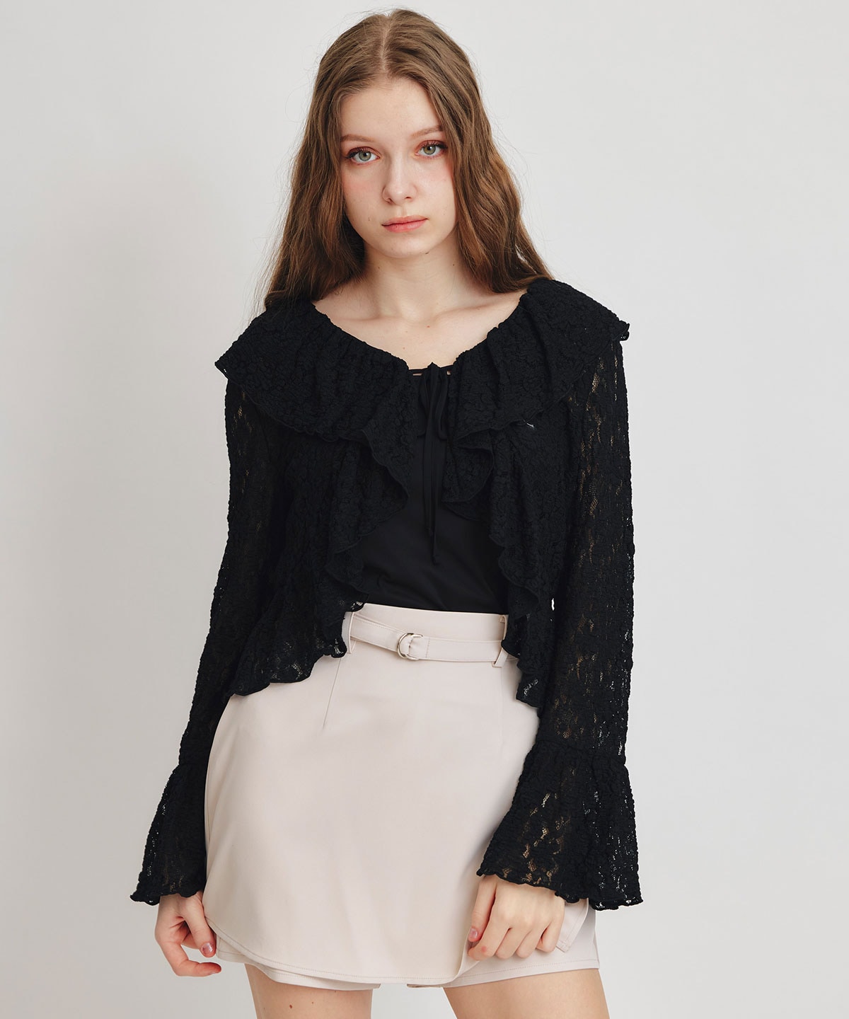 レースフリルカラーショートカーディガン