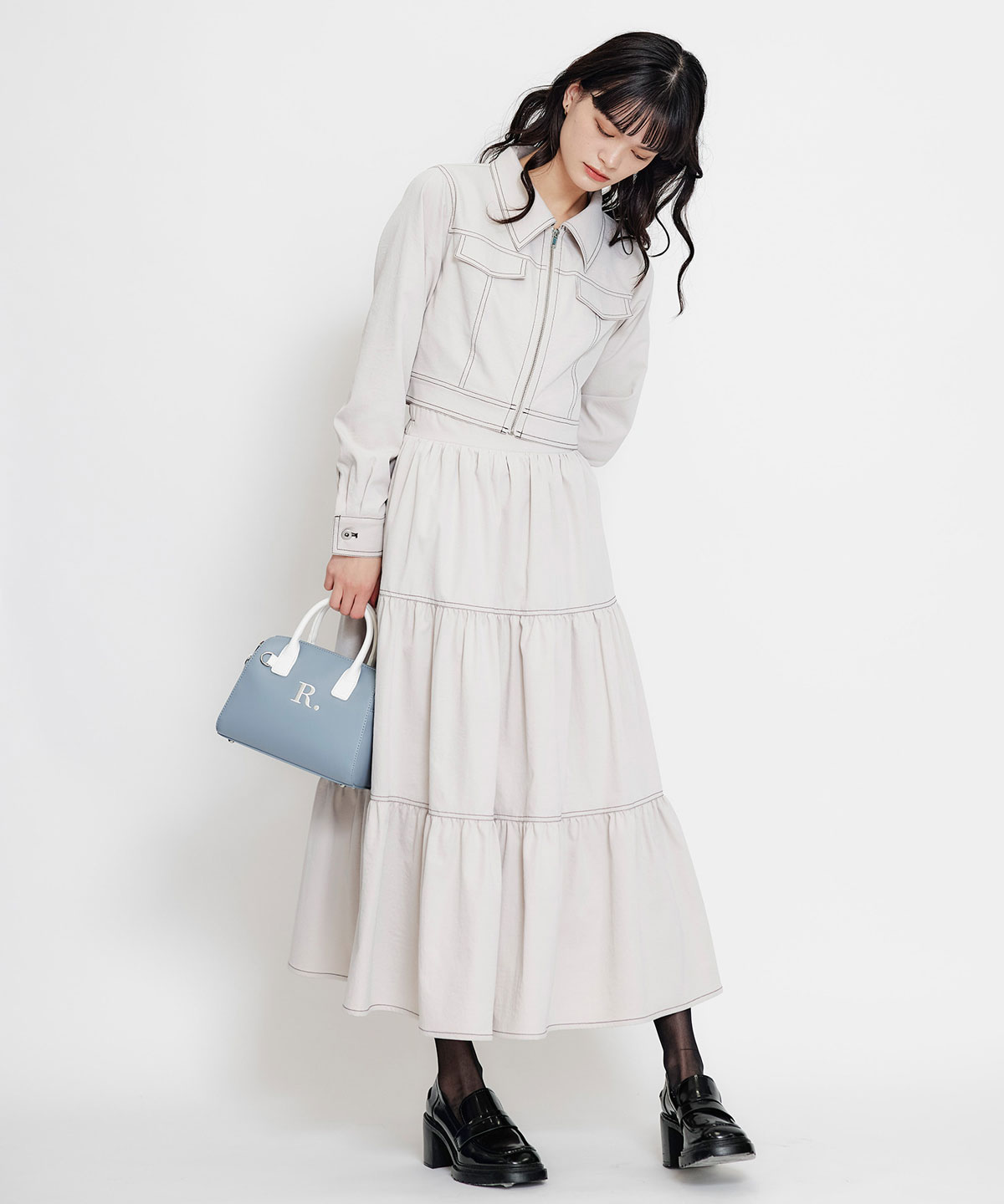 【セットアップ可能】バイカラーステッチティアードロングスカート