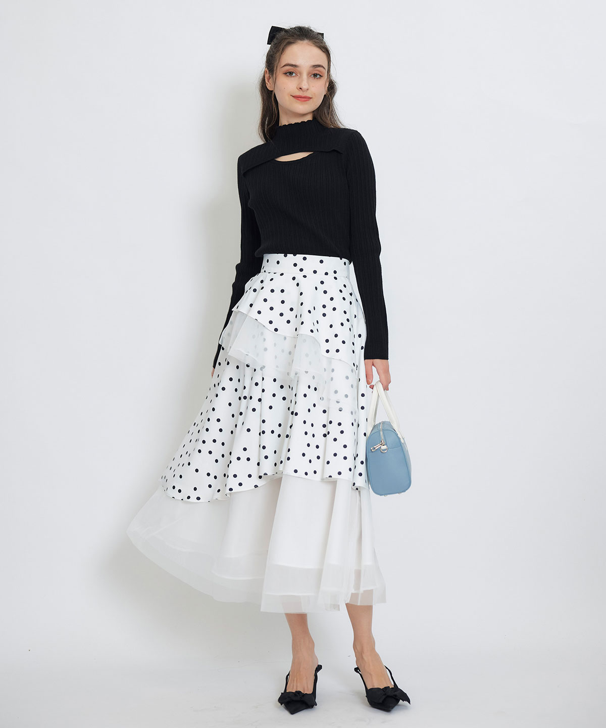 ドットチュールティアードロングスカート