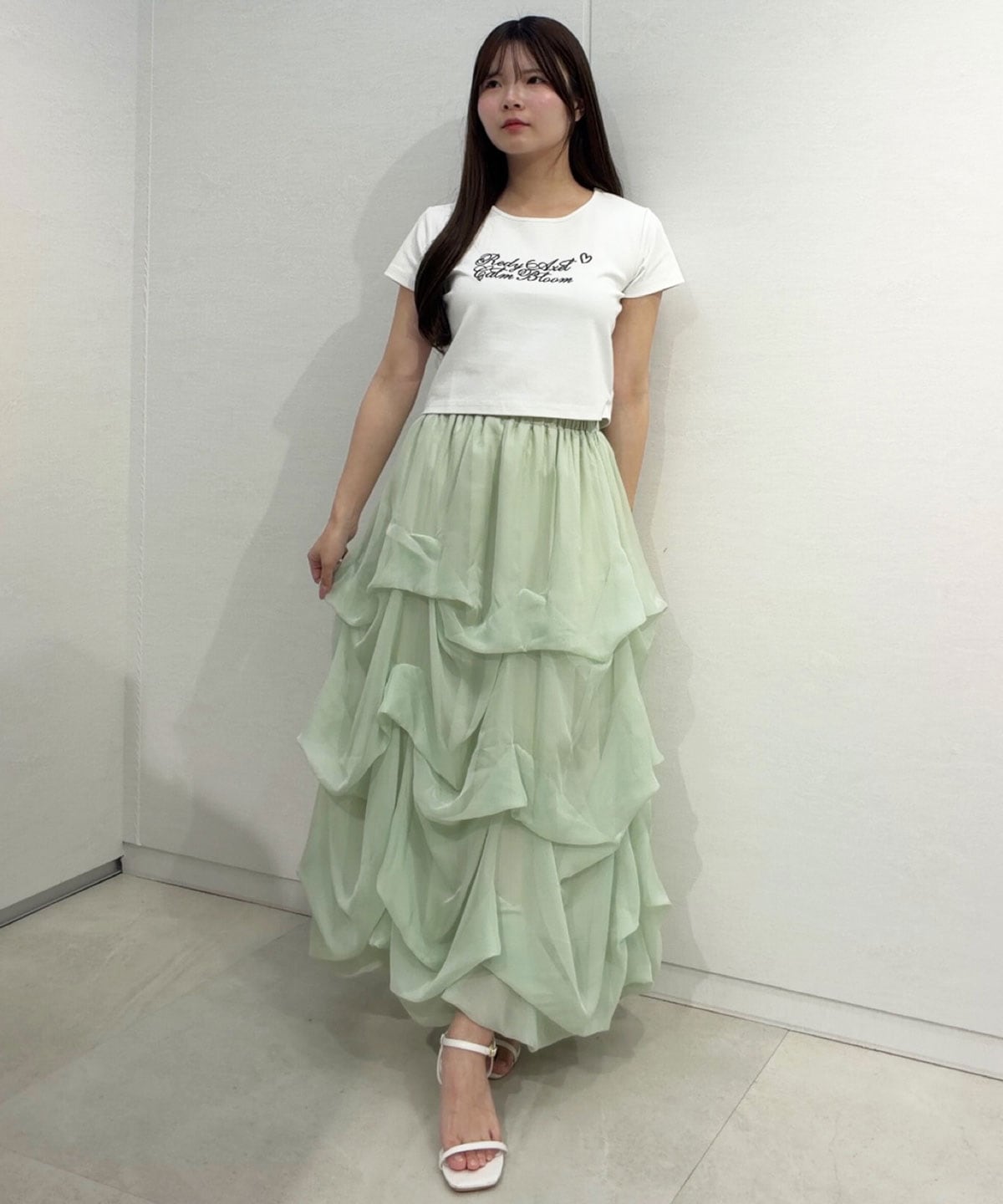 タックバルーンボリュームシフォンロングスカート
