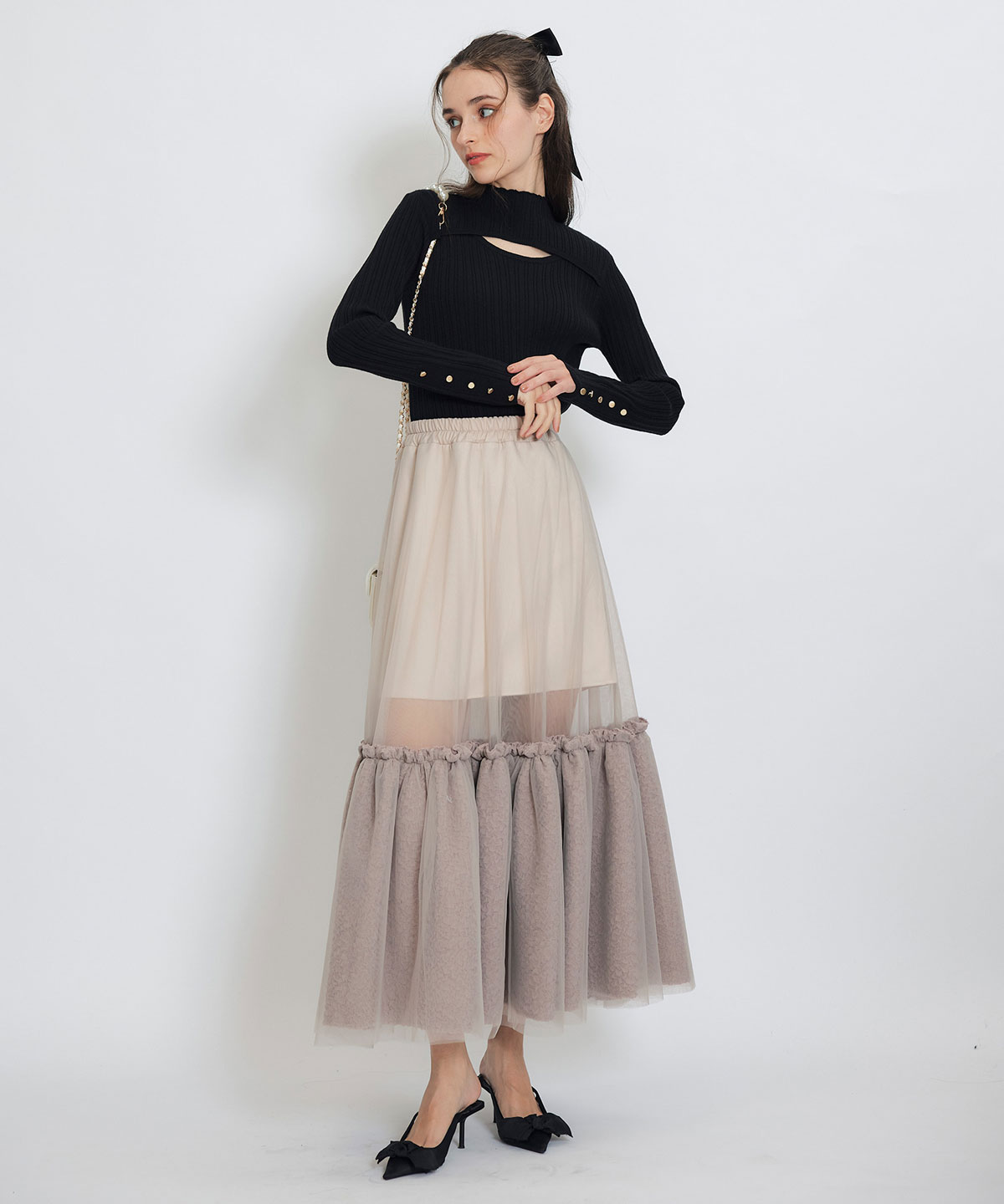 ボリュームシアーチュールフレアロングスカート