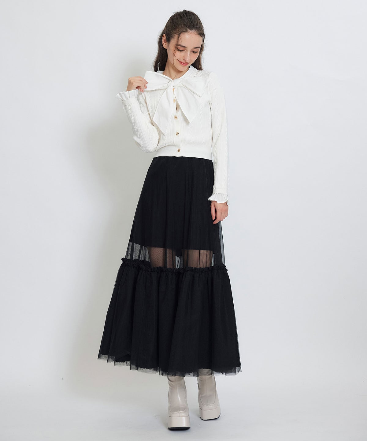 ボリュームシアーチュールフレアロングスカート