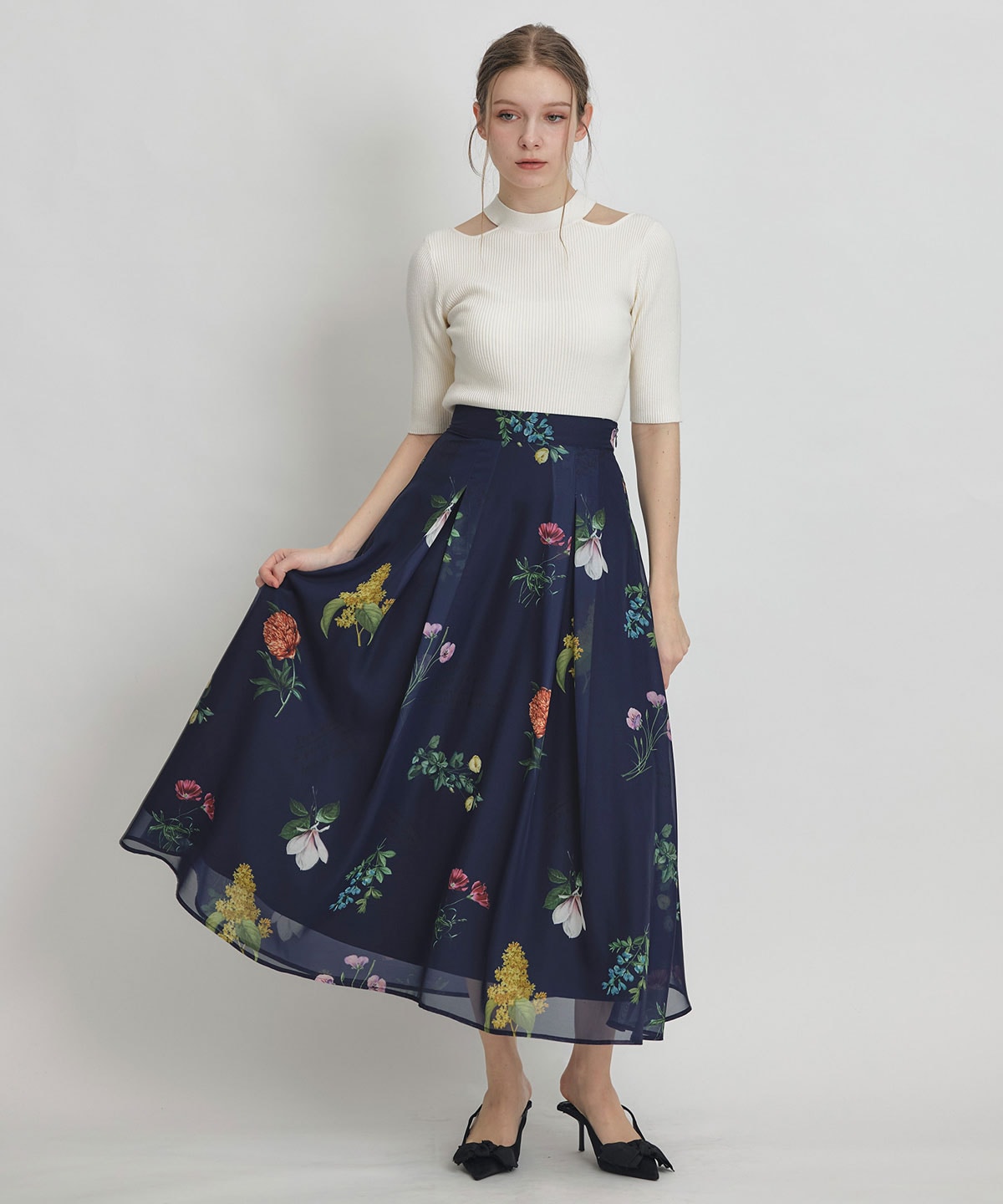 【Sheer Flower Series】シアーフラワータックフレアロングスカート