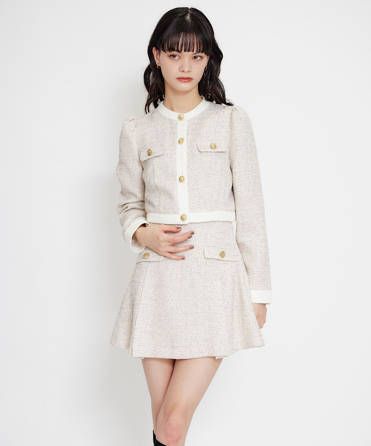 【セットアップ可能】スプリングツイードフリルミニスカート